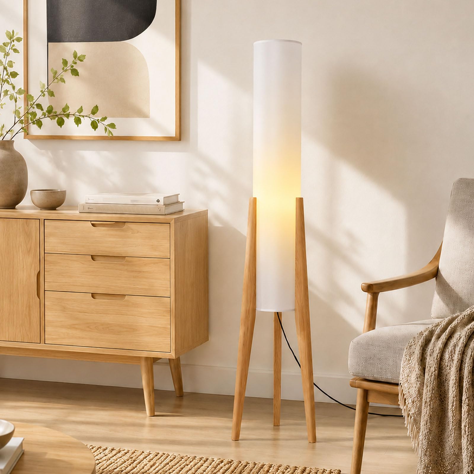 KlkrzJwy Wabi-sabi 50" Wooden Tripod Floor Lamp Linen Floor Lamp Paper Lantern Inspired Fabric Standing Lamp With E27 3-Color Temperatures Solid Wood Tall Light For Living Room Bedroom (Includes Bulb)