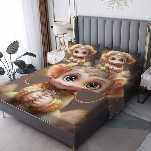 Juego de sábanas de mono tamaño matrimonial, sábanas de dibujos animados, sábanas y fundas de almohada estampadas de 4 piezas, sábana bajera
