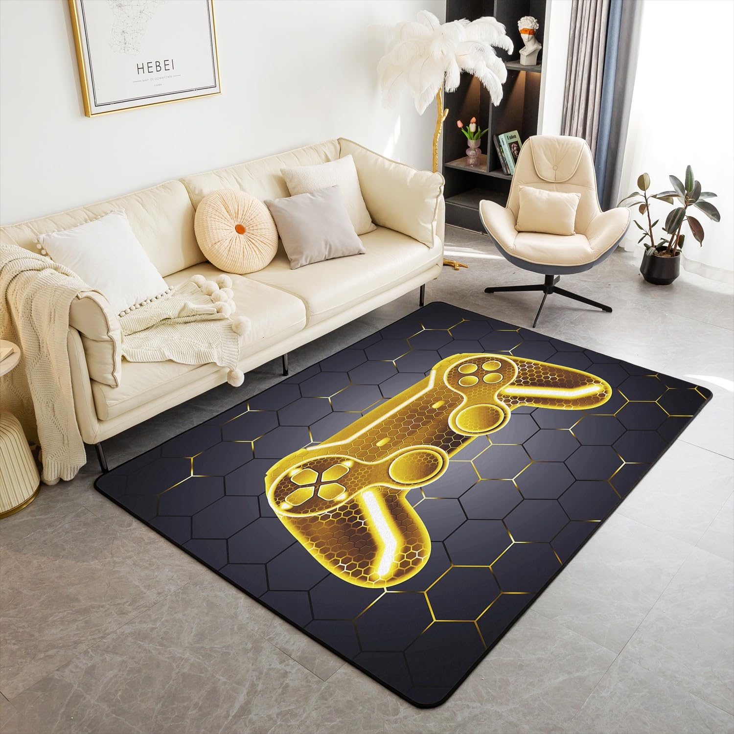 Feelyou Gamer Area Rug for Kids Boys Teens 3x5 Game Controller Decorative Carpet　Gaming Gifts Indoor Floor Mat for Living Room Bedroom(3x5,Gold) Boys