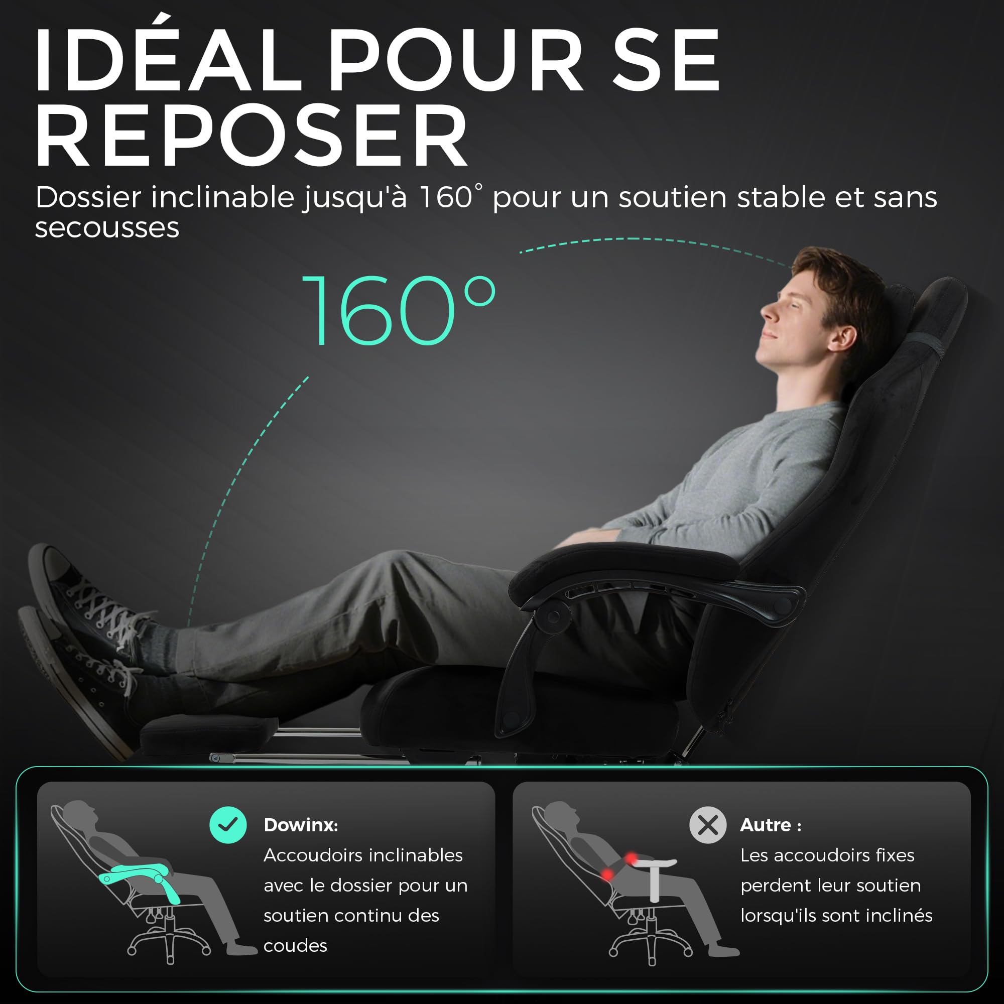 Dowinx Chaise Gaming Ergonomique avec Coussin Lombaire Réglable, Fauteuil Gamer en Velours, Assise Épaissie, Repose-Pieds Rétractable, Accoudoirs Réglables, Dossier Inclinable 160°, Noir