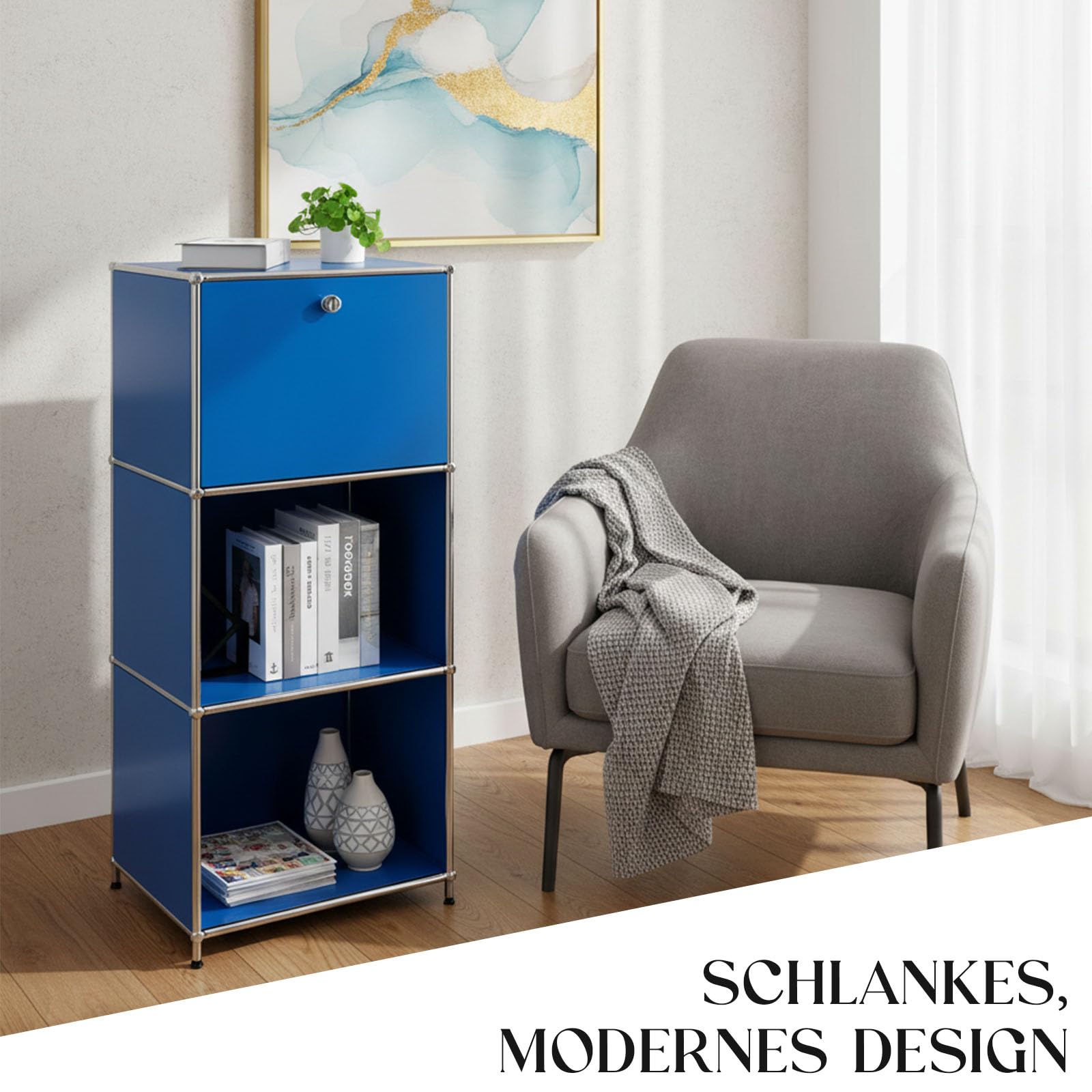 Floordirekt Concept Epure MK-107 - Estantería de metal (121 x 50 x 40 cm), diseño moderno, color azul y cromado