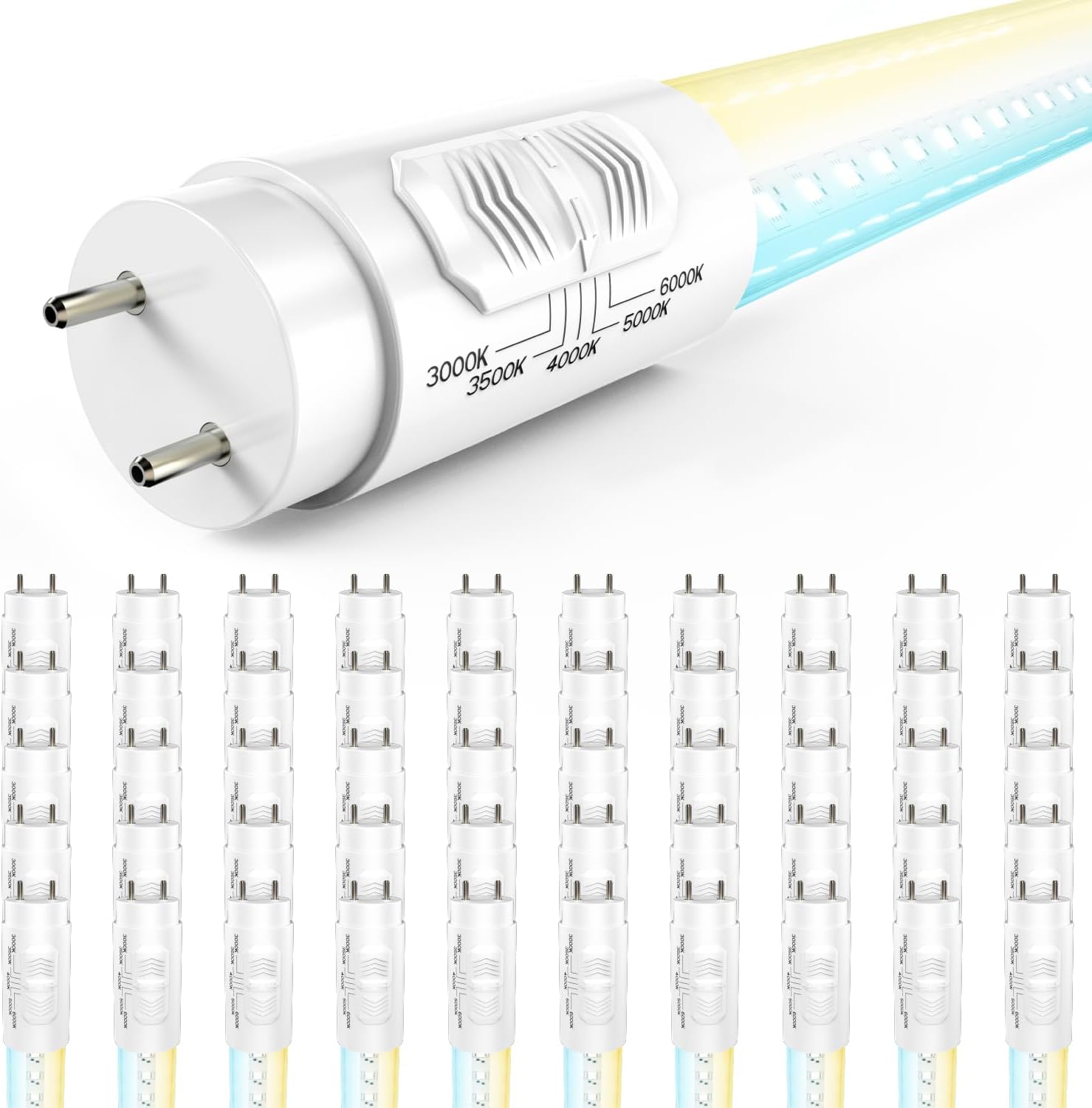 Sunco 50 Pack T8 LED Bulbs 4 Foot, LED Fluorescent Tube Replacement, 4ft LED Tube Light, Ballast Bypass, 18W, 2200 LM, Selectable CCT 3000K/3500K/4000K/5000K/6000K, Single Ended Power, Clear Lens UL