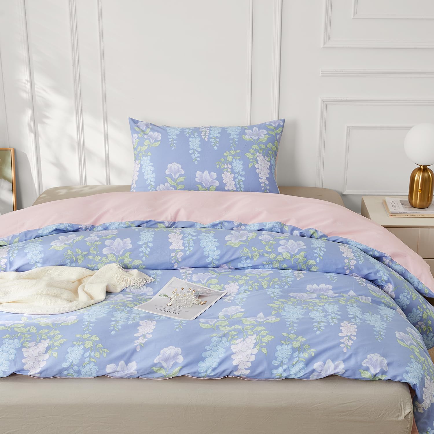 SAPHREAS Purple Duvet Cover Set 100% Cotton Single Size 2 Pieces Bedding Comforter Wisteria Pattern Duvet Cover Set 1 Duvet Cover 1 Pillow Sham(No Comforter) - Image 2