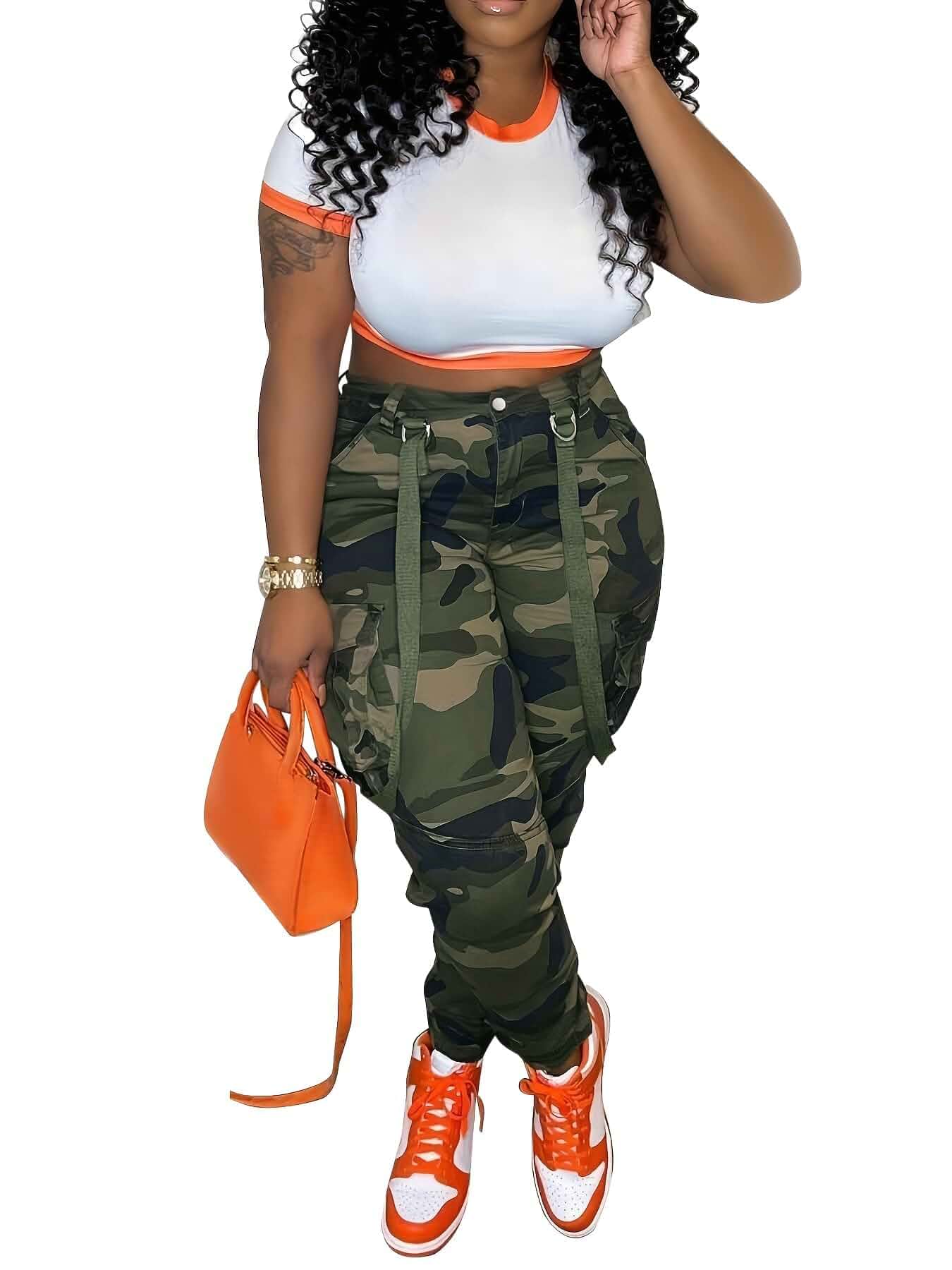 SDNGED Camo Cargo Pants for Women - Army Fatigue High Waisted Stretchy Camouflage Cargo Pants with Pockets