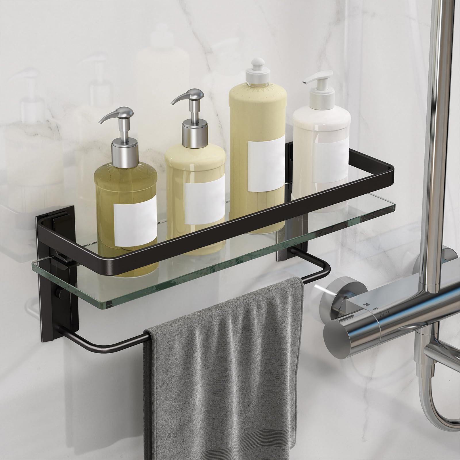 Danpoo Estantes de baño de cristal montado en la pared con toallero, estante organizador de baño, color negro
