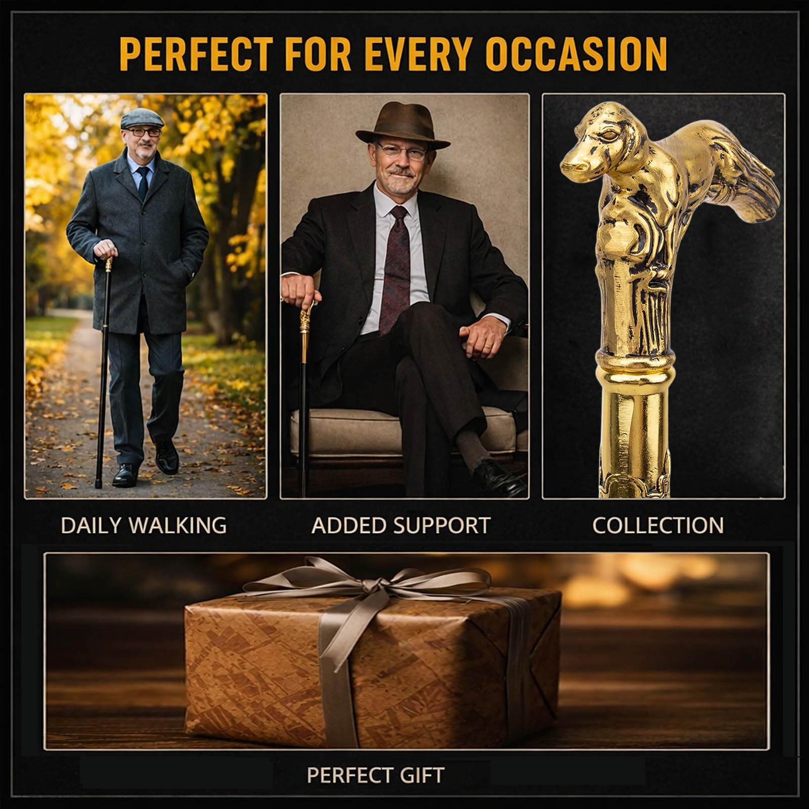 Bastón de 93 cm para Hombres, Mujeres y Personas Mayores - Capacidad de 113 kg, Mango Ergonómico Golden Dog, Bastón Plegable de Acero Hecho a Mano