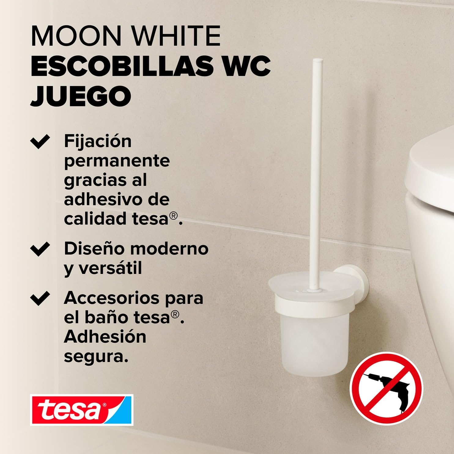 tesa® Moon White Escobillero de Baño - Juego de Escobillero y Vaso de Cristal Satinado de Estilo Moderno - Sin Taladro - 379 mm x 112 mm x 145 mm - Blanco Mate