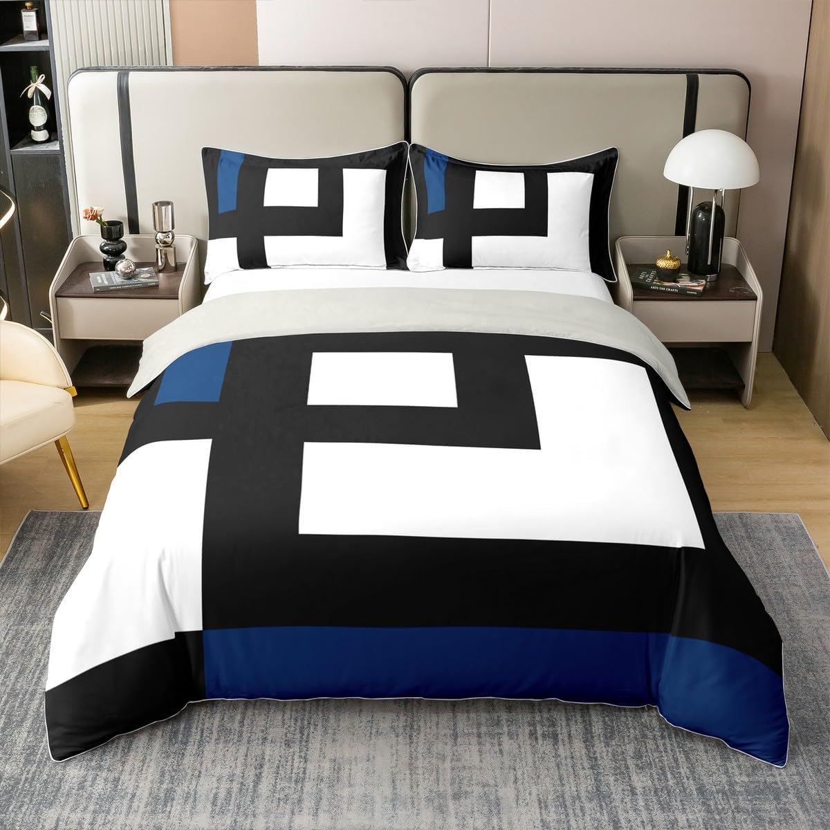 Erosebridal 100% Cotton Blue Black and White Striped King Comforter Cover Square Abstract Duvet Cover Modern Geometric Stripes Bold Lines Bed Set Minimalist Stylish Plaids Bedding Set