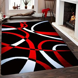 Moderner Geometrischer Wohnzimmerteppich, 70x140cm Großer Abstrakter Wirbelteppich in Rot, Schwarz Weiß, Waschbar, rutschfest, Minimalistisch und Stilvoll Ideal für Schlafzimmer, Esszimmer