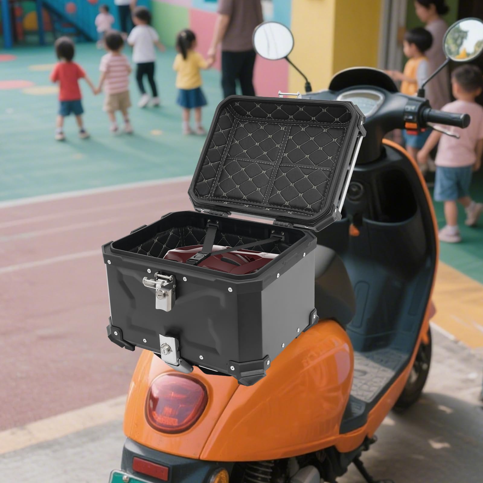 Maleta de moto de 45 L, impermeable, universal, con cerradura de seguridad y 2 llaves, carga máxima de 22 libras, caja trasera grande para casco, botas y chubasquero