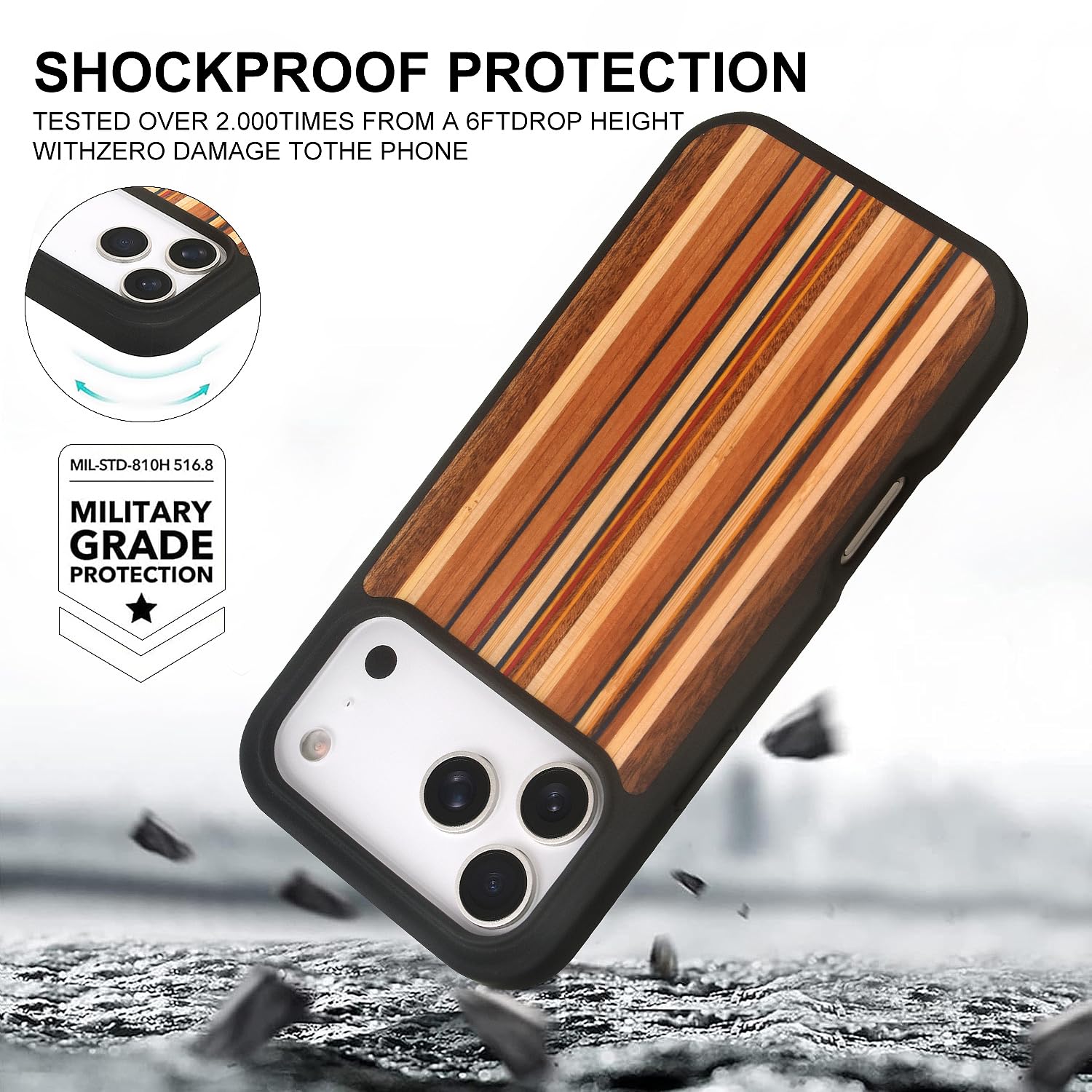 Étui magnétique en bois pour iPhone 17 Pro. Coque de protection antichoc unique et chic. Compatible avec le chargement magnétique MagSafe. (Couleur bois, iPhone 17 Pro (6,3")
