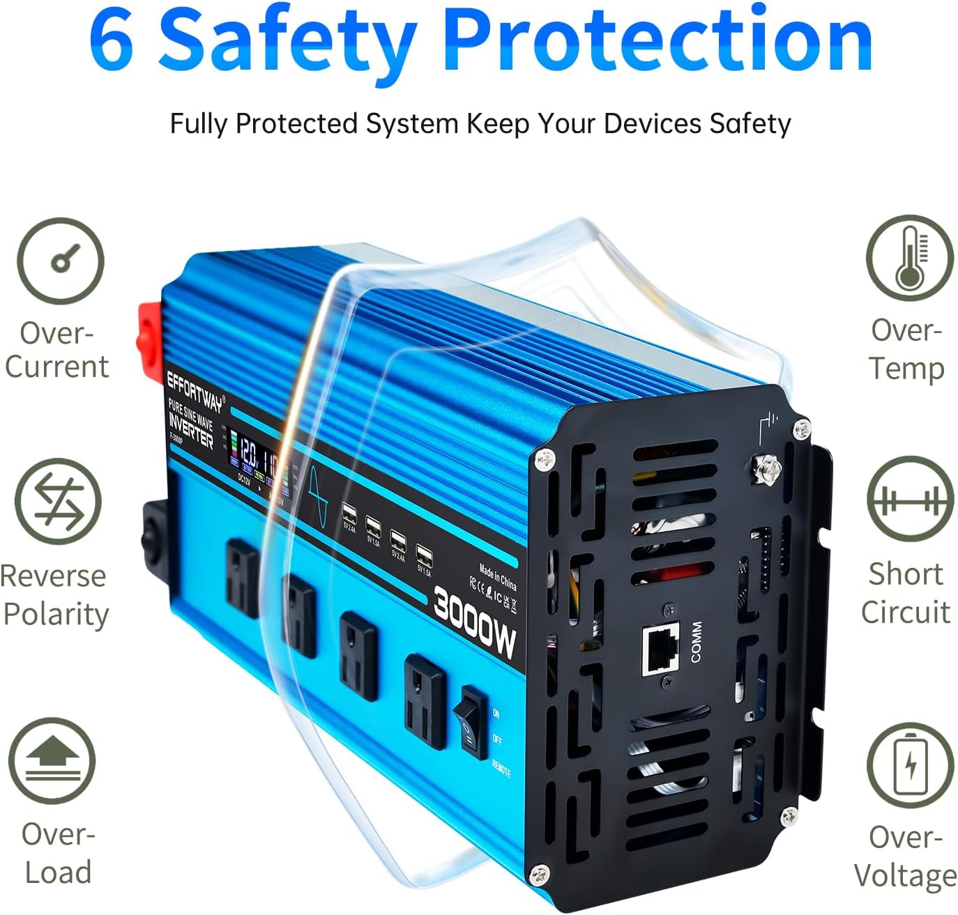 3000w Pure sine Wave Inverter DC 12V to AC 110V/120V Converter, 6000w (Peak) with LCD Display, Wireless/Wired Remote Control, 4AC outlets and 4USB.Ideal for Camping, RV Travel, Off-Grid Solar Systems