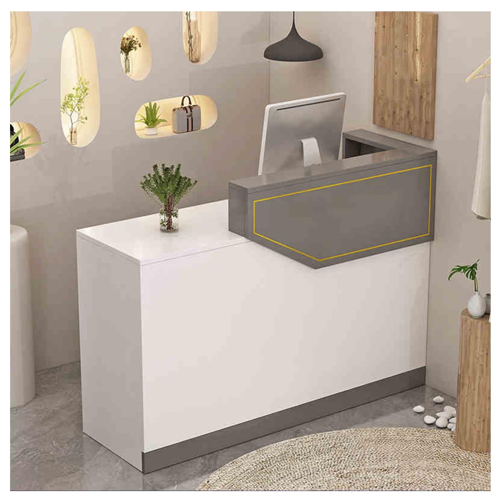 Bancone reception per ufficio, moderno bancone commerciale con passacavi, scrivania in legno per ufficio, negozio, cassa salone (grigio chiaro, destra - 47x17x39 pollici)