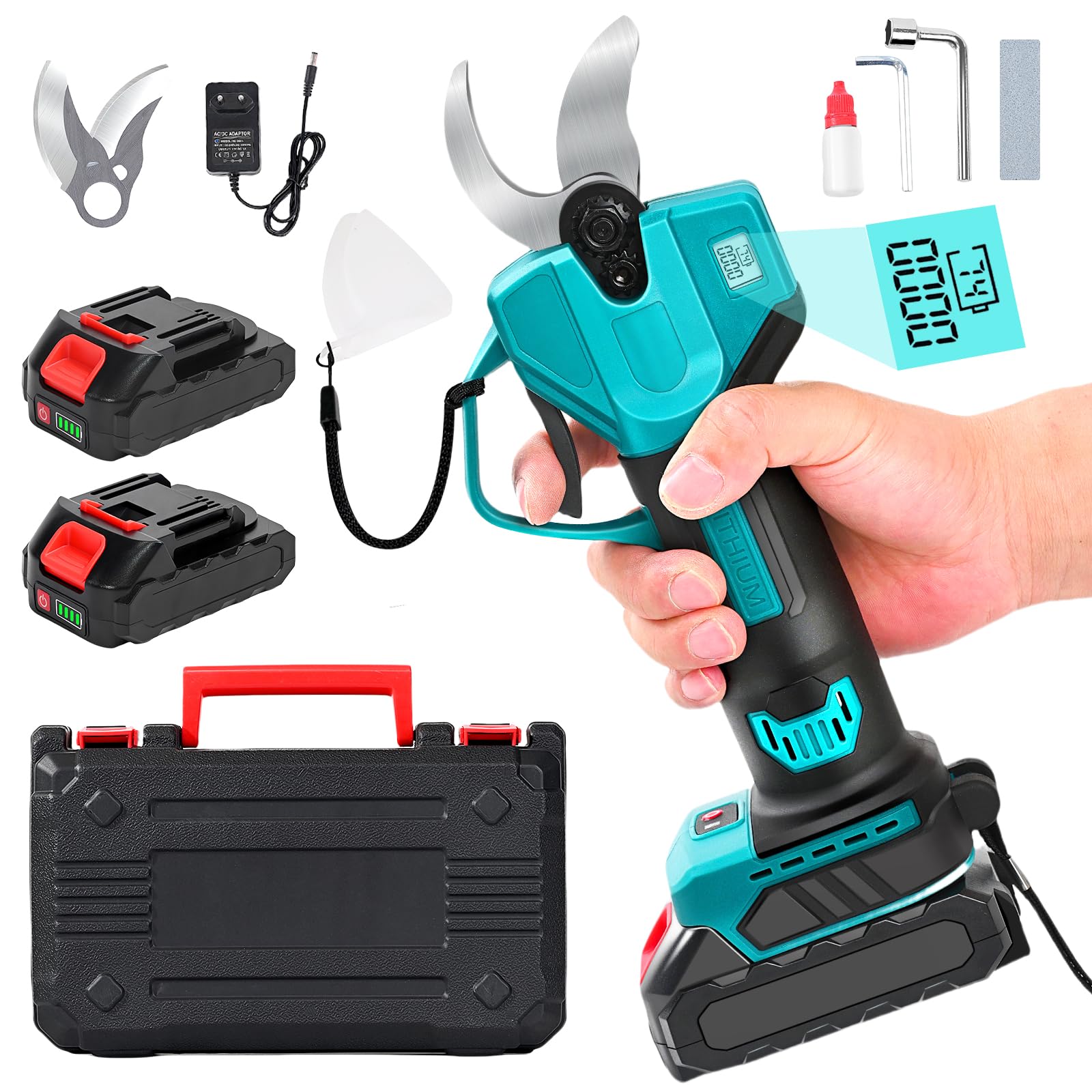 Tijeras de podar con batería de 21 V, tijeras de podar eléctricas compatibles con Makita, 2 baterías de 1500 mAh, diámetro de corte máximo de 30 mm, 2 cuchillas móviles, interruptor de fusible