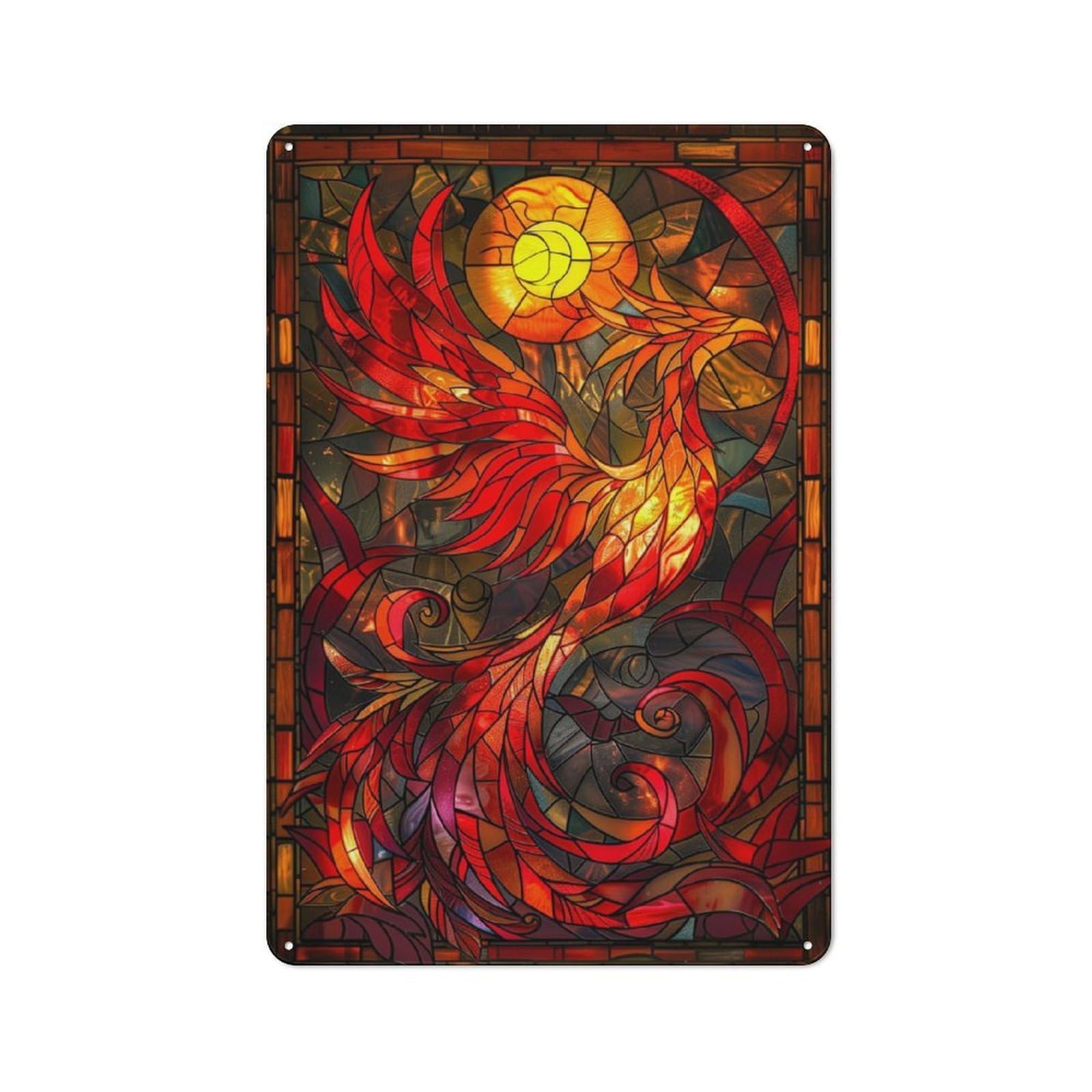 Junmoney Bird Phoenix Stain Glass Rustic Metal Sign 30X20cm Featuring For Living Room Wall, For Vintage Wall Decor Fans, For Metal Sign Collectors