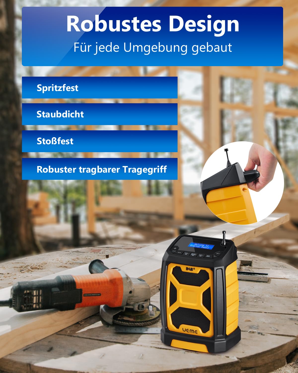 Baustellenradio Mit Akku Aufladbar (6000mAh), Tragbares DAB+/FM Radio, Bluetooth Lautsprecher & Dual Radiowecker,Starkem Empfang, Staubbeständig/Stoßfest für Baustelle/Camping/Garten (Gelb)