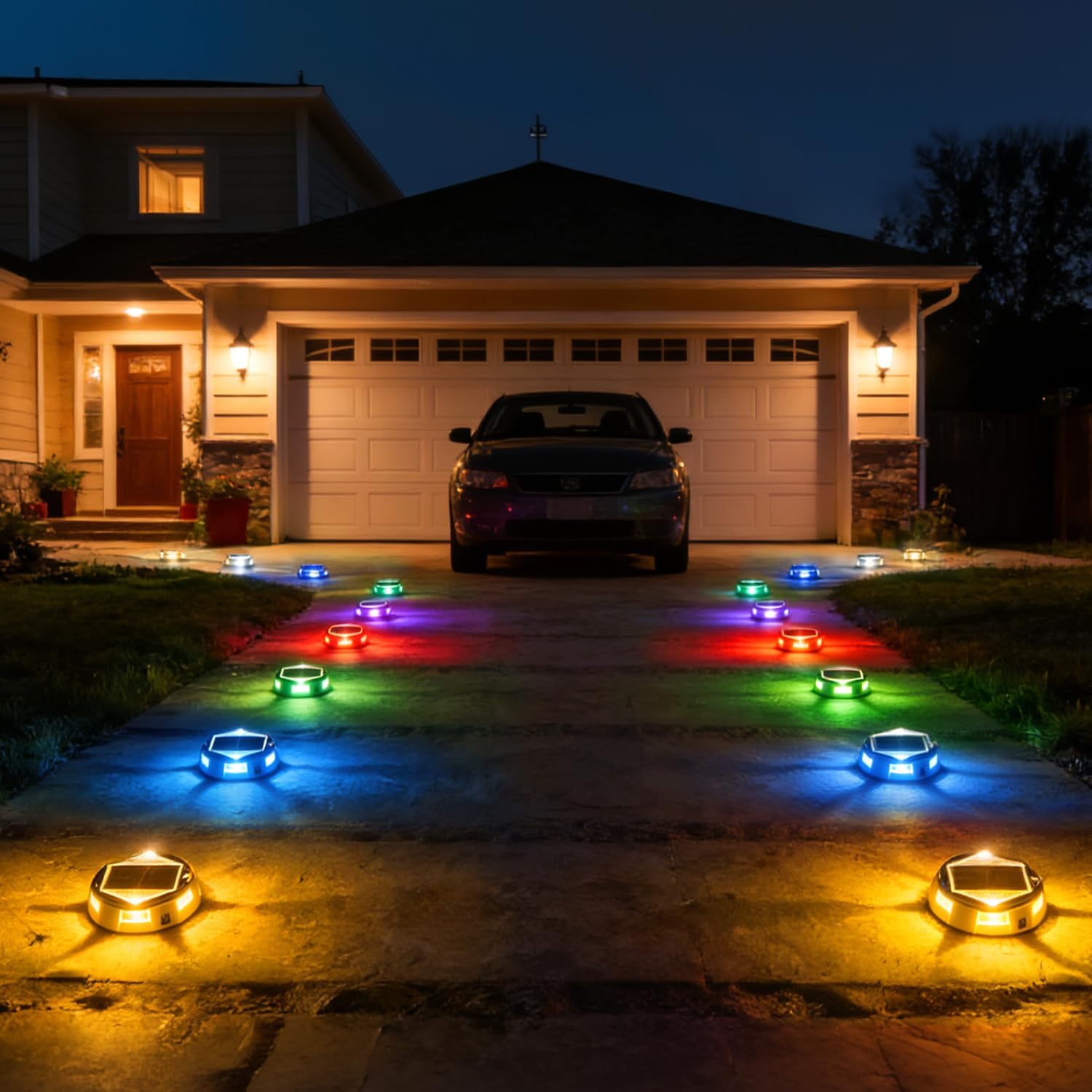 AGPTEK 12 Modes 9 in 1 Solar Outdoor Lights with Remote Control 4 Pack, 30H Runtime,IP67 Waterproof,3-Ton Load Capacity,RGB Color Changing Deck Lights for Patio, Garden, Driveway, Dock, Stairs, Round