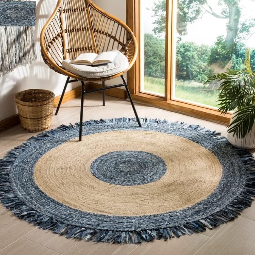 VANU Jute Round Rug - Braided Reversible Rug for Living Room Bedroom Jute Cotton Braided Reversible Rug (A10, 3x3 feet Rug/Carpet) (B0DFT9LN9V) Amazon Price History, Amazon Price Tracker