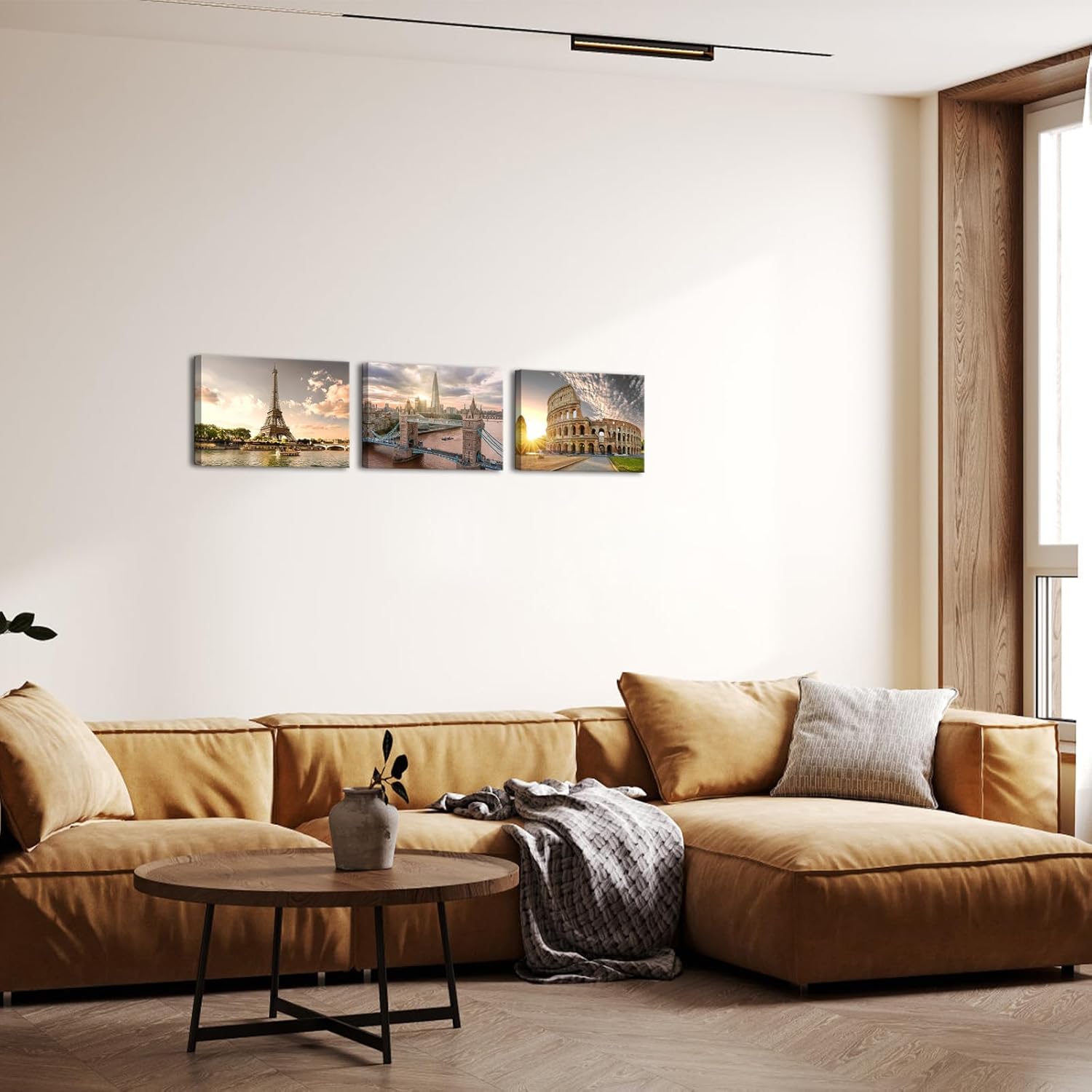 NutArtPic European Cityscape Wall Art - Paris Eiffel Tower, London, Rome Canvas Prints - Framed Landscape Paintings for Living Room, Office & Bedroom Decor - Ready to Hang Framed 12''x16''x3panels