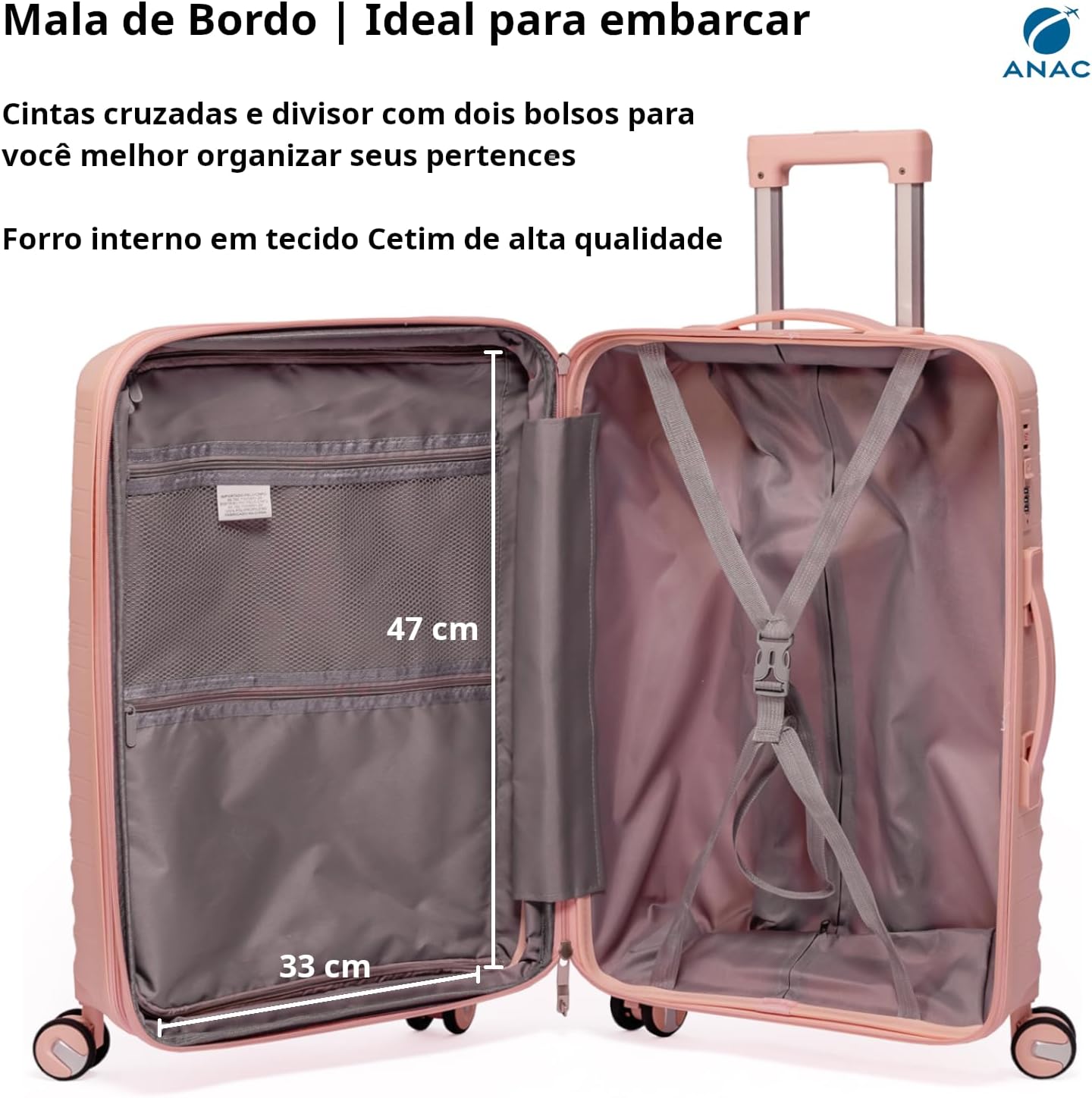 Mala De Bordo 10Kg Polipropileno Medidas 55x35x25 Padrão Anac Mala De Viagem Pequena De Mão 4 Rodas Duplas 360° Cadeado Segredo Zíper Antifurto Rígida Leve (ROSA CLARO, Pequeno)