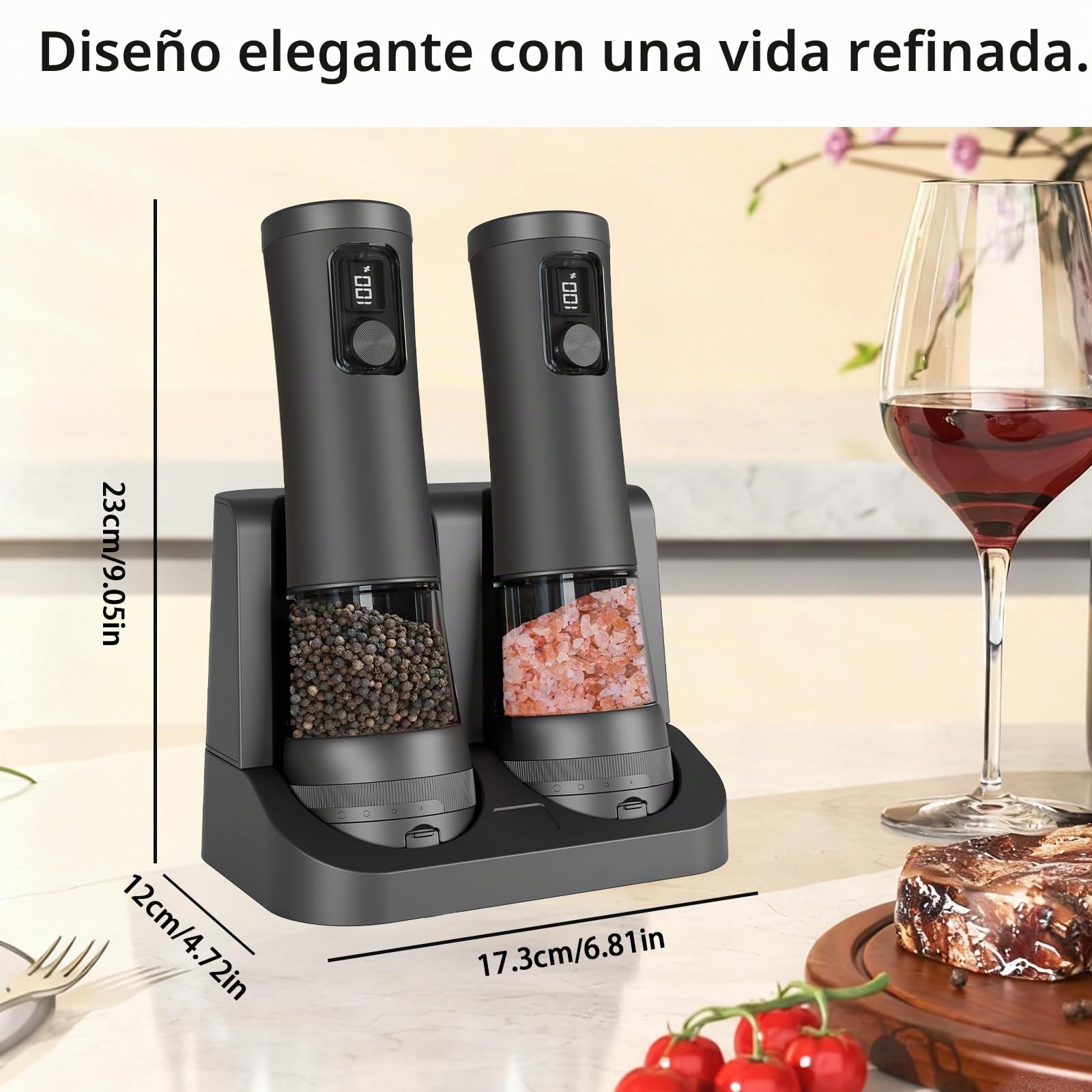 Juego de molinillos eléctricos de sal y pimienta, 2 piezas, recargable por USB, con estación de carga doble e indicador LED, 95 ml de capacidad, mecanismo de cerámica ajustable en 5 niveles