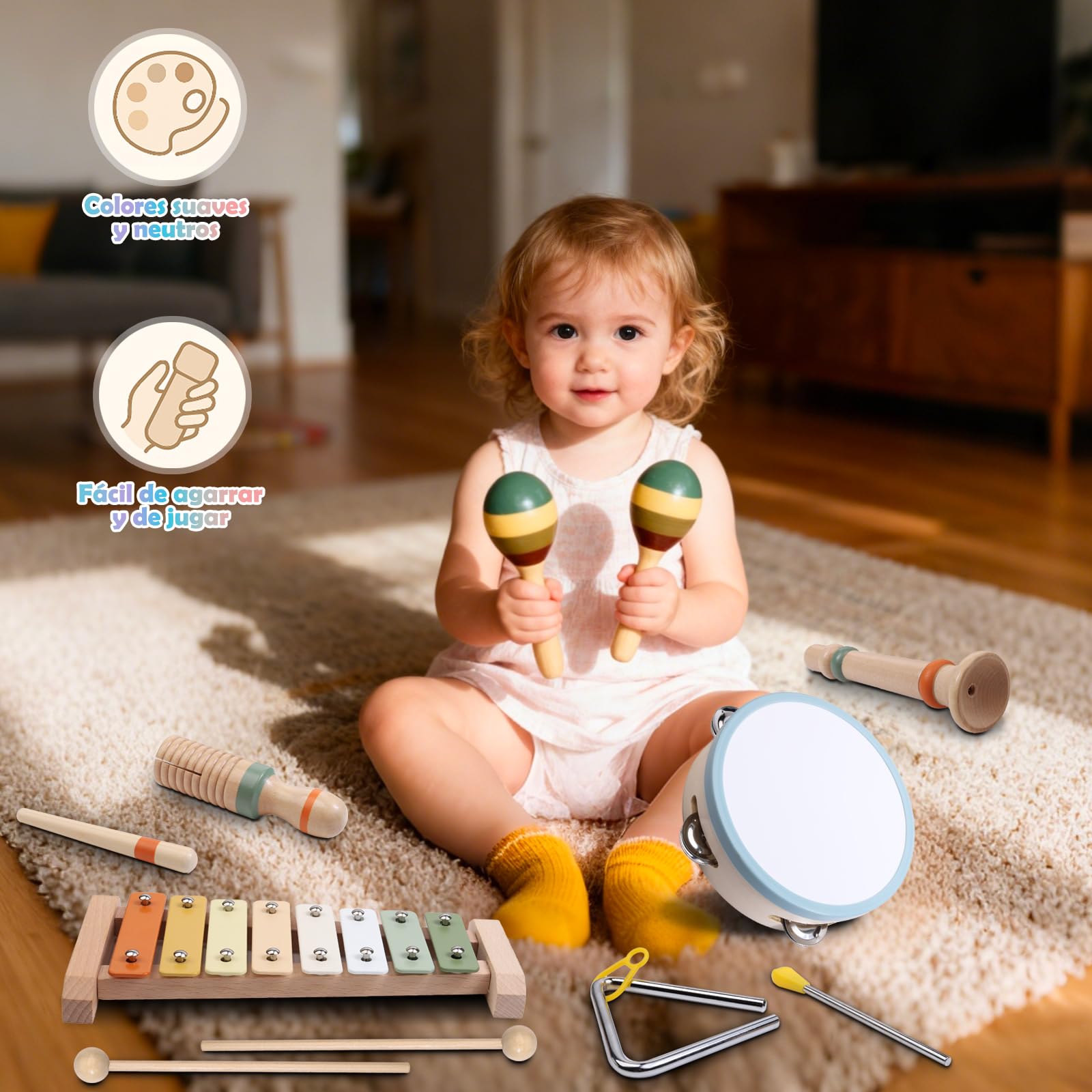 Instrumentos Musicales de Madera para Niños de 3 4 5 Años, Set Montessori de 12 Piezas con Xilófono, Pandereta, Maracas, Triángulo y Güiro, Percusión Infantil