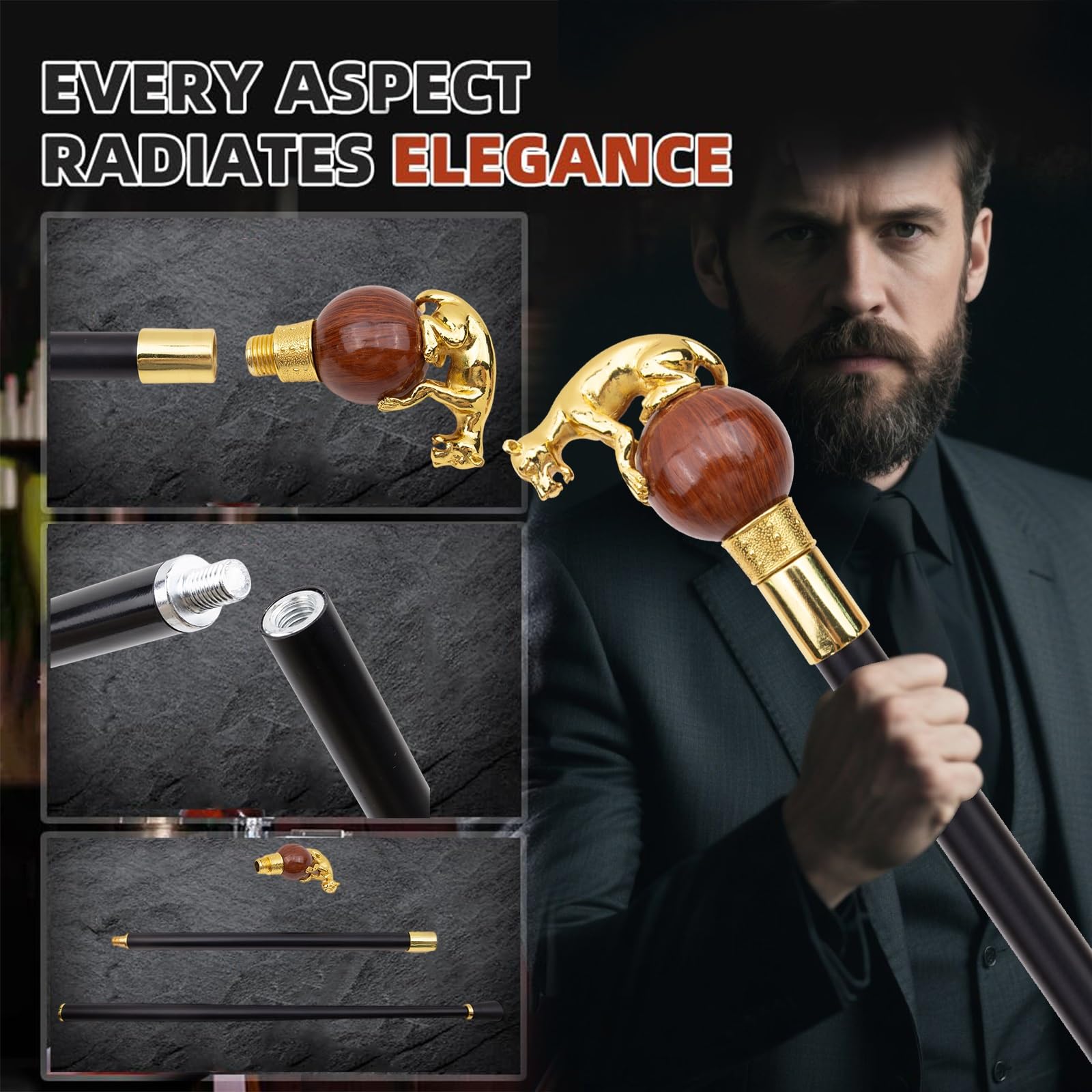 Bastón de Mano para Caminar, Diseño de Bastón Hecho a Mano para Hombres y Mujeres, Acero y Madera Natural, Cabeza de León Dorado.(Gold5)