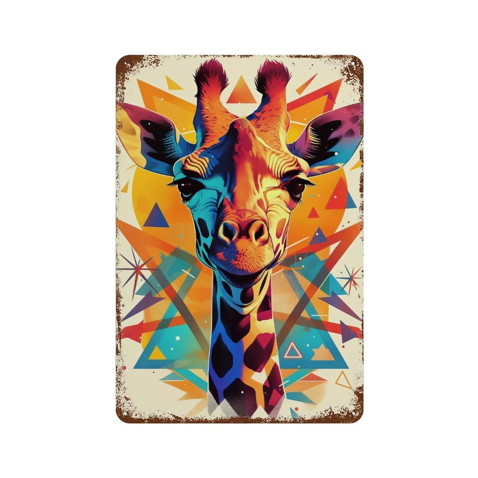 Decorative Tin Sign with Colorful Giraffe Portrait with Geometric Background Design 11.8"x7.9", for Basement, Hobby Room And Garage Decor, Farmhouse Wall Decor