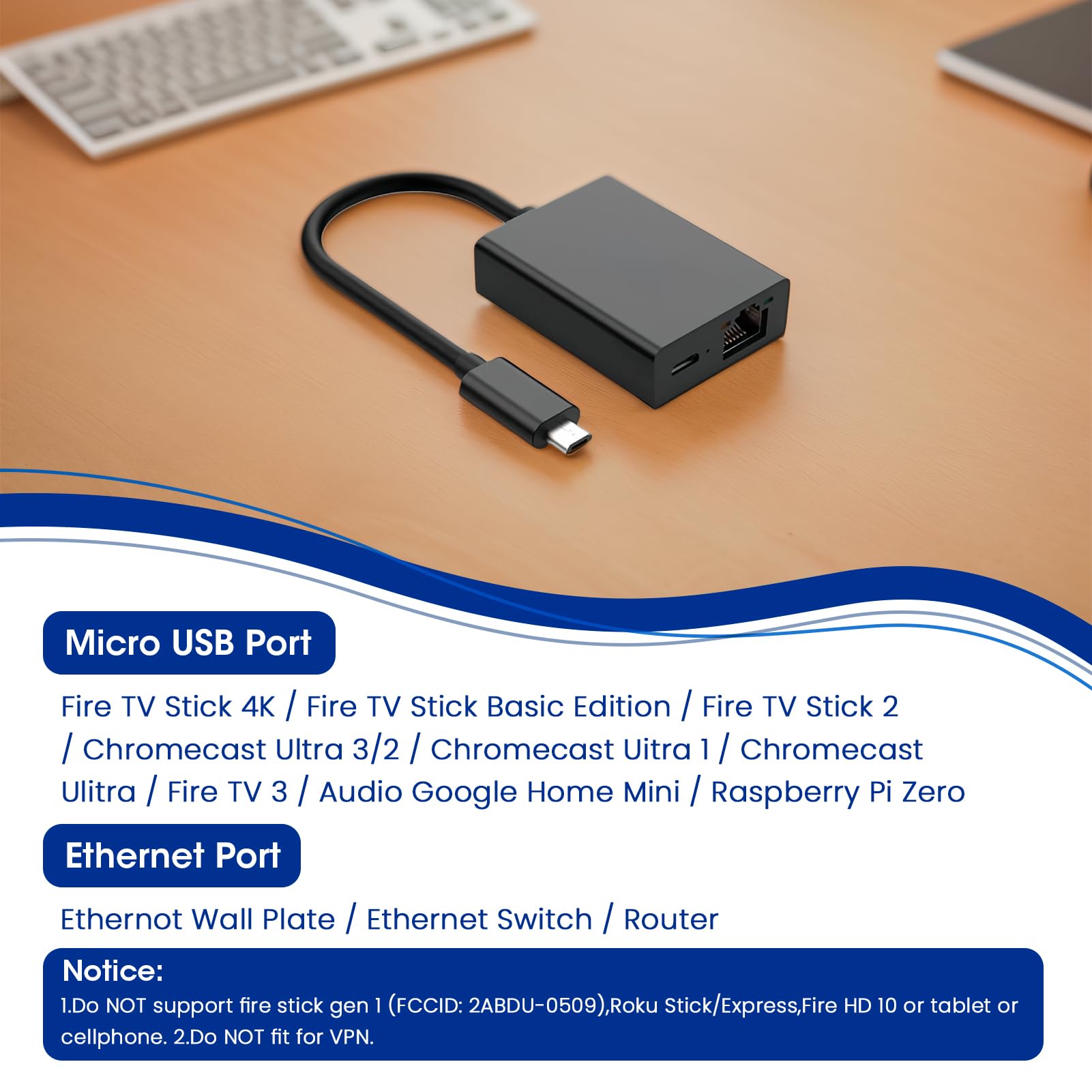 Adaptateur Ethernet USB vers RJ45 100 Mbit/s pour Fire TV Stick, Firestick 4K, Chromecast, Google Home Mini, Noir