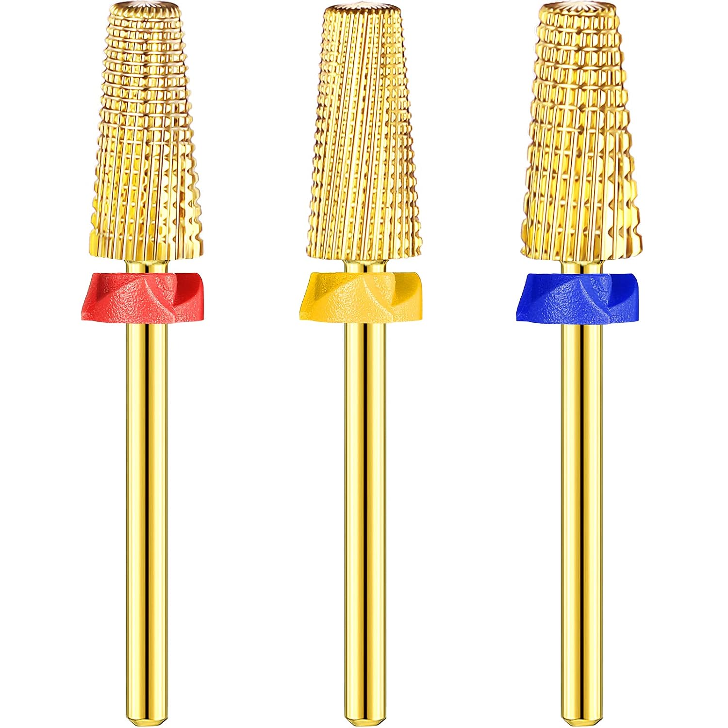 Honoson 3 Pcs Carbide 5 in 1 Nail Drill Bit Set Xf, F, M 3/32 Inches Drill Bit Two Way Rotate Use for Both Left and Right Handed for Acrylic Nail Gel Fast Remove Technicians Home Use(Gold)