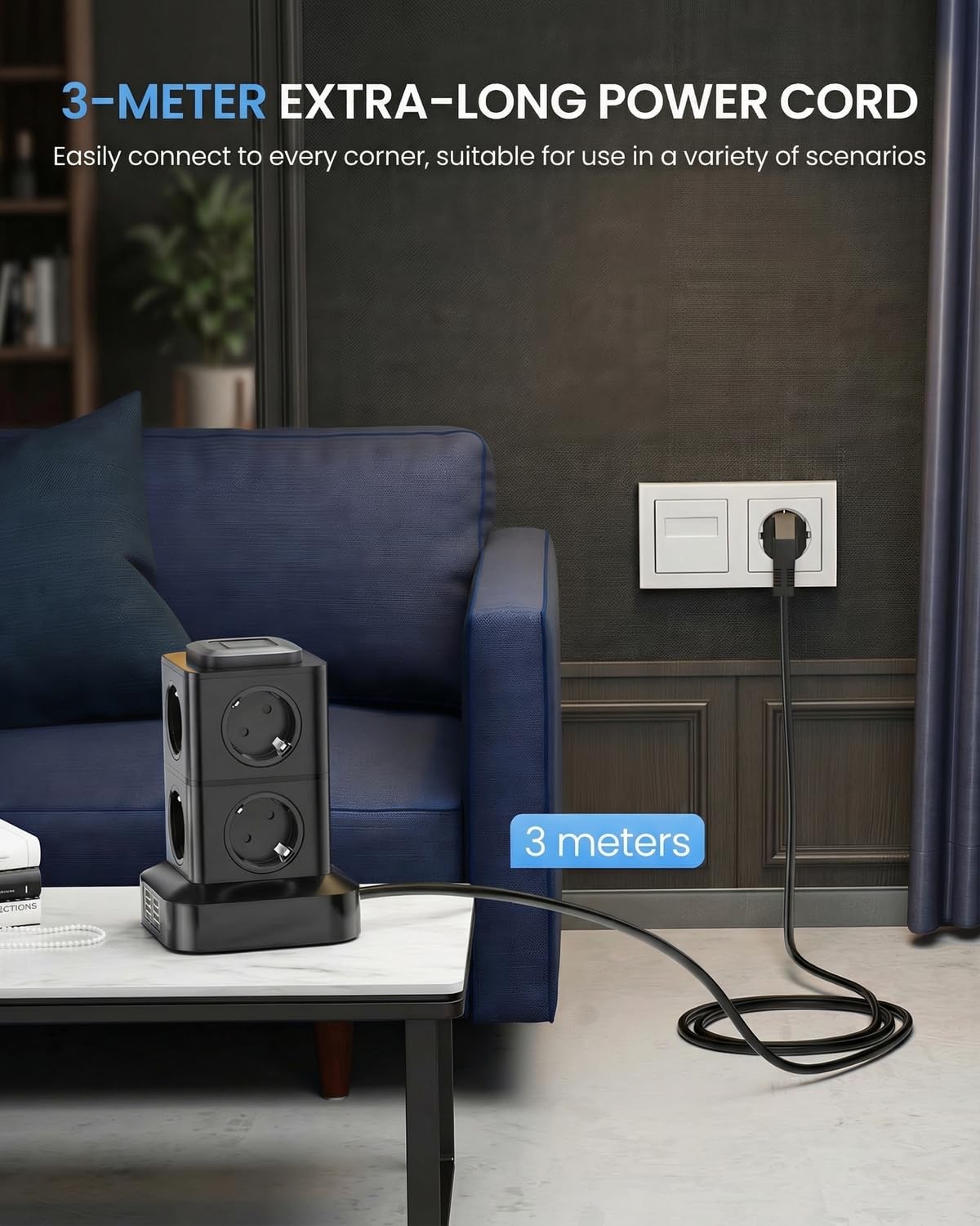 AOKBON Torre Regletas Enchufes 8 Tomas de AC y 4 Regleta USB Enchufe Multiple 2500W/10A Regletas Vertical 3 Metro Regleta Enchufes Proteccion Sobretension con Interruptor para Casa,Mesa, Oficina — view 6