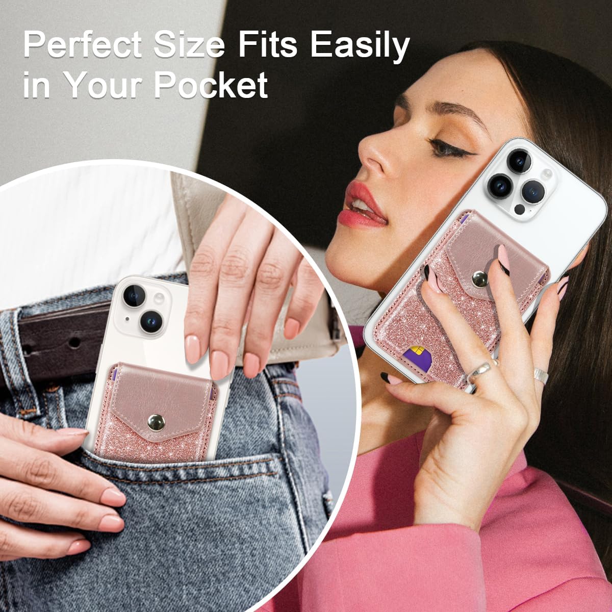 Self Adhesive Card Holders for Back of Phone, Cute Leather RFID Phone Wallet Pockets with Snap, Slim Card Holders Sleeve for Phone Case, Glitter Rose Gold - Image 7