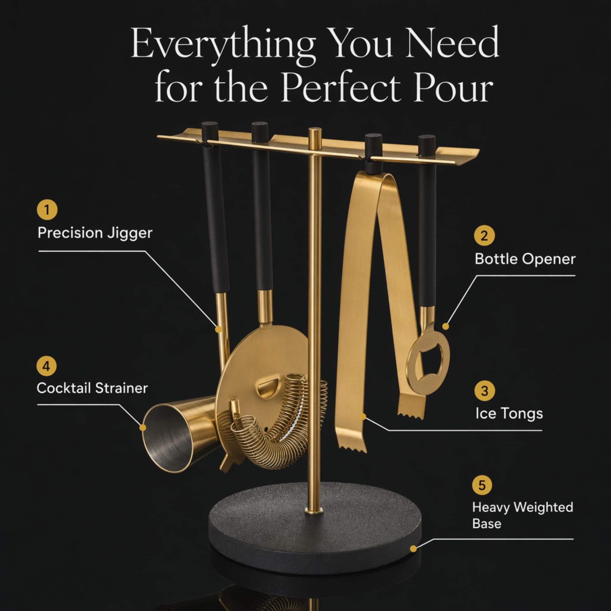 Bar Tool Set with Stand - Black and Gold Bartender Mixology Kit - 5 pc Set