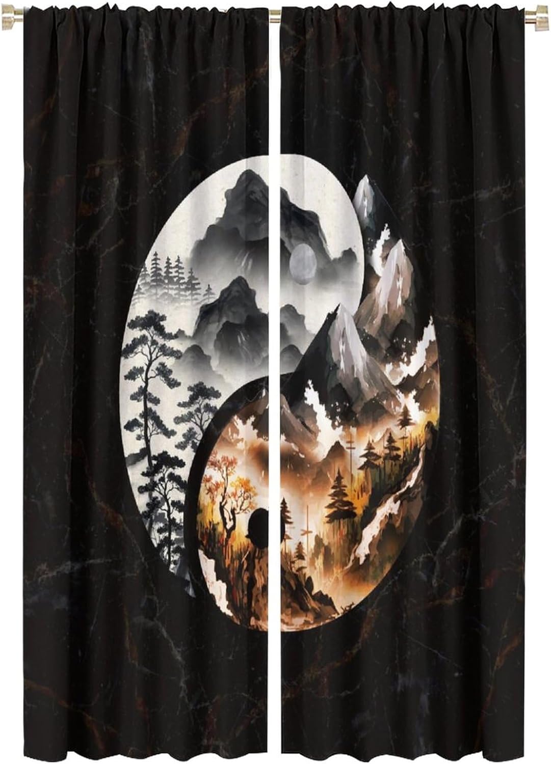 Watercolor Forest Yin Yang Blackout Curtains for Bedroom, Vintage Ink Japanese Style Yin Yang Full Moon Marble Design Rod Pocket Thermal Darkening Curtains Window Drapes 2 Panels 63"L x 21"W