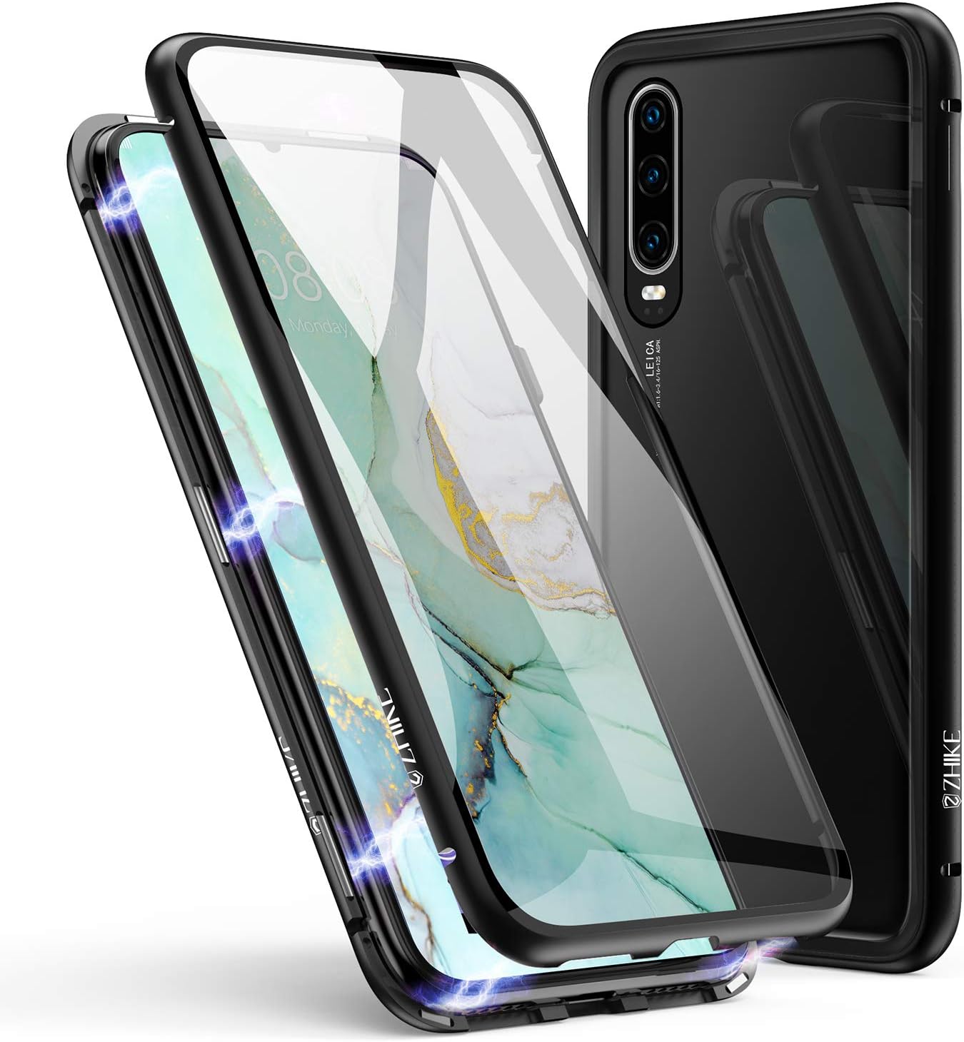 ZHIKE Huawei P30 Case, Magnetic Metal Frame Front and Back Tempered Glass Full Screen Coverage One-Piece Design Flip Cover [Support Wireless Charging](Clear Black)