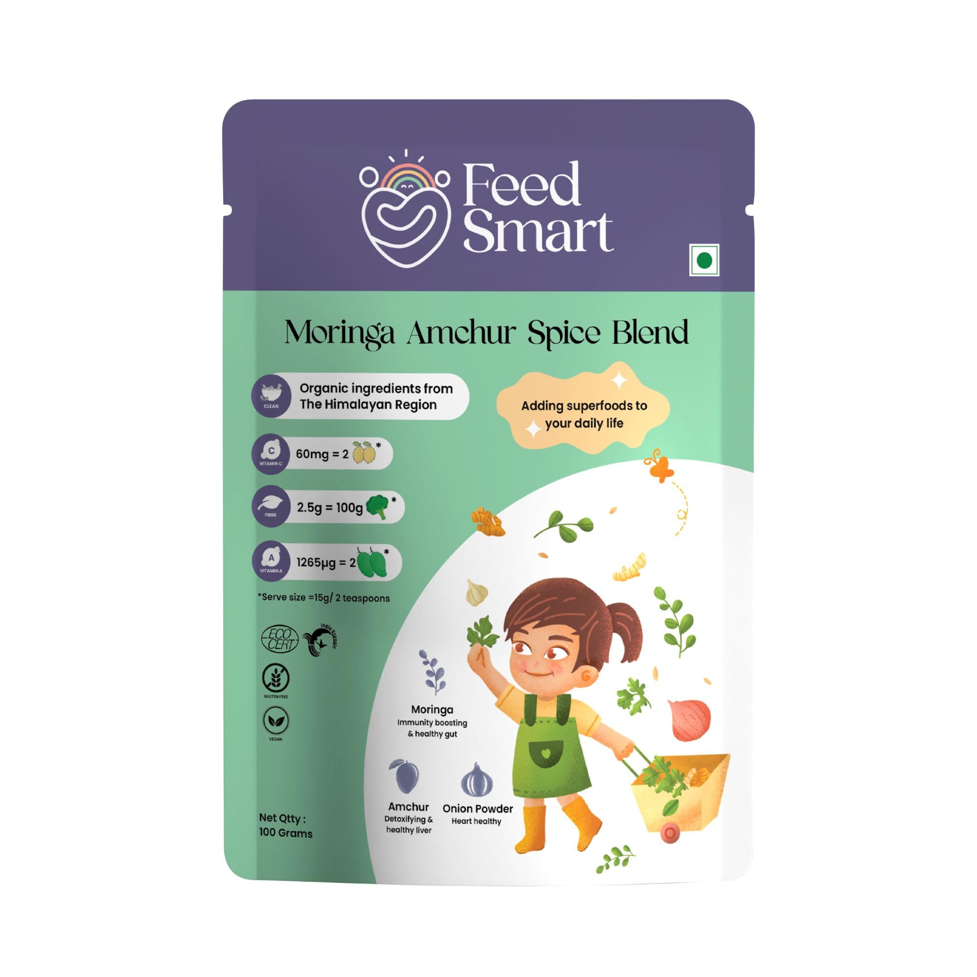 Feed Smart Moringa Powder & Amchur Spice Blend with Super Nutrients | Drumstick Leaf Powder | Sahjan Powder for Kids | No Added Sugar or Salt | 5X Nutrition | Gut Friendly | Pack of 1 (100 grams) (B0CK288BQV) Amazon Price History, Amazon Price Tracker