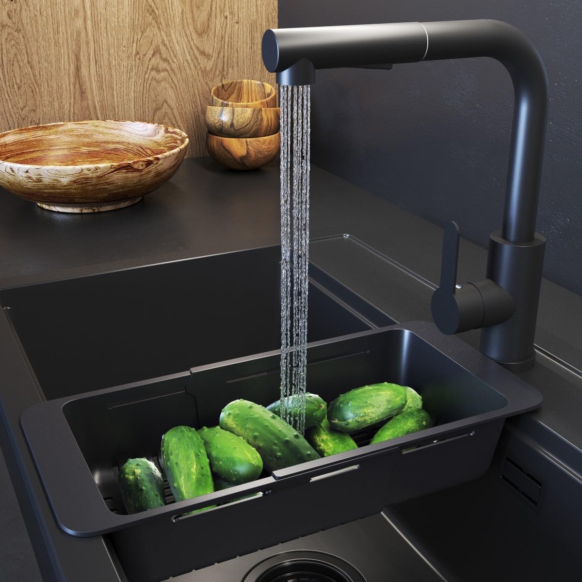 Cestino per Lavandino Cucina per Frutta e Verdura - Regolabile (32-46 cm) Gocciolatoio per Lavello - Scolapasta da Lavello - Nero - Granitan