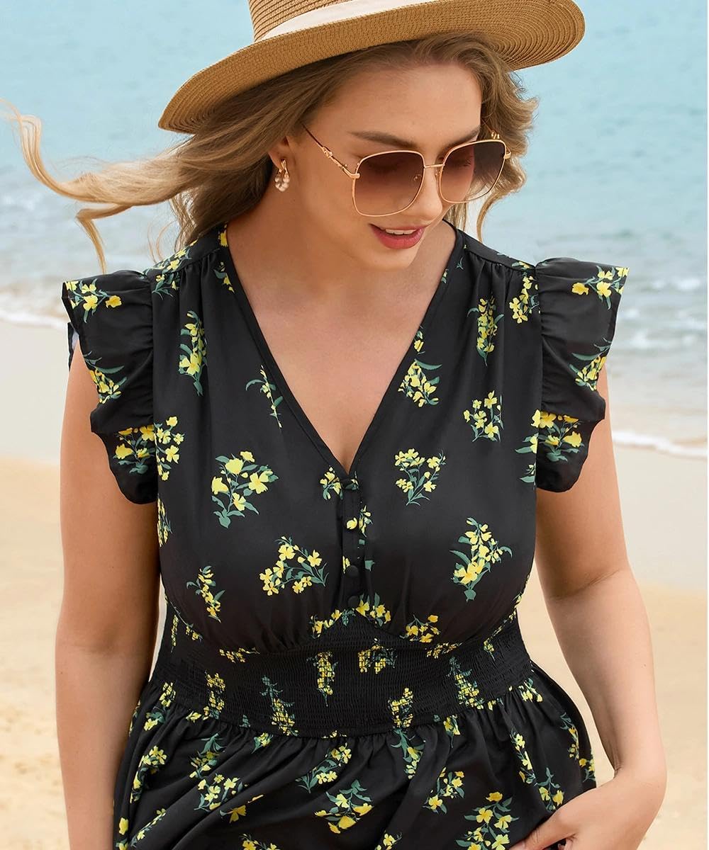 RITERA Womens Plus Size Summer Dresses V Neck Boho Floral Midi Dress Ruffle Sleeve Smocked Casual Sundress with Pockets