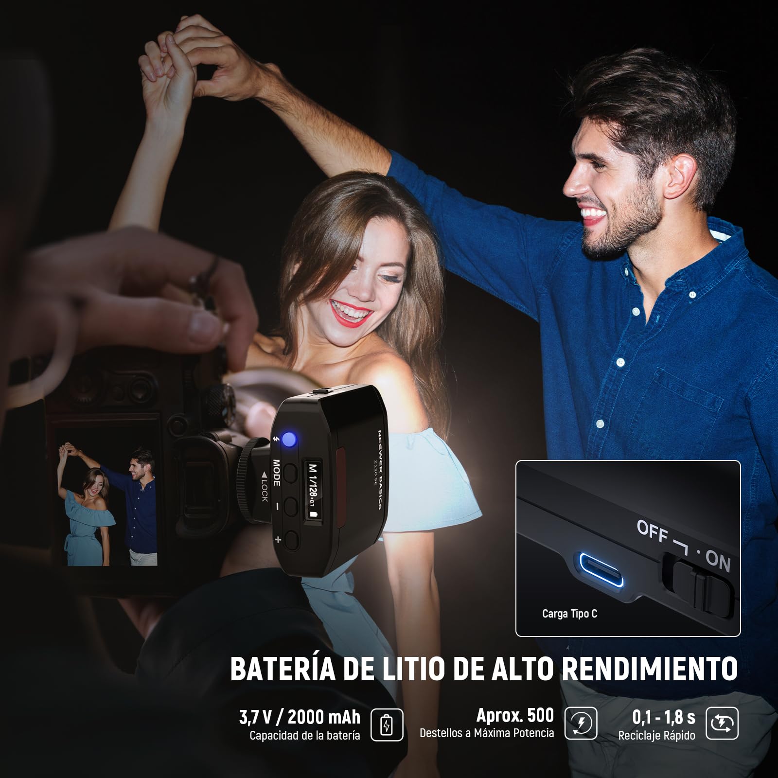 NEEWER BÁSICO 5600K Mini Cámara Flash Speedlite GN12, 2000mAh/500 Flashes/0,1-1,8s, Reciclable Ligero Compatible con Canon Fujifilm Sony Nikon Cámara Digital Zapata Estándar para Foto Estudio,Z120 SE