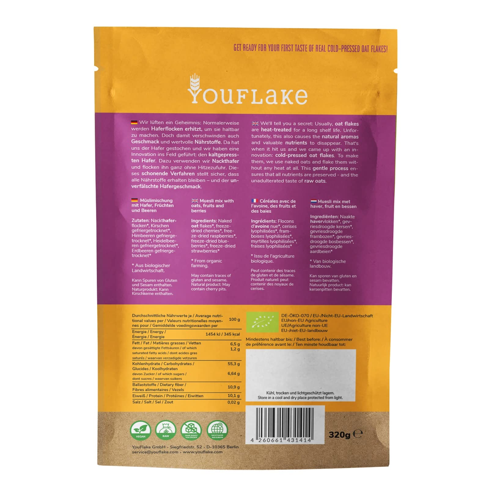 YouFlake Kaltgepresste Bio Haferflocken 3Beeren-Kirsch | 6 x 320 g | Müslimischung mit Haferflocken, Früchten und Beeren