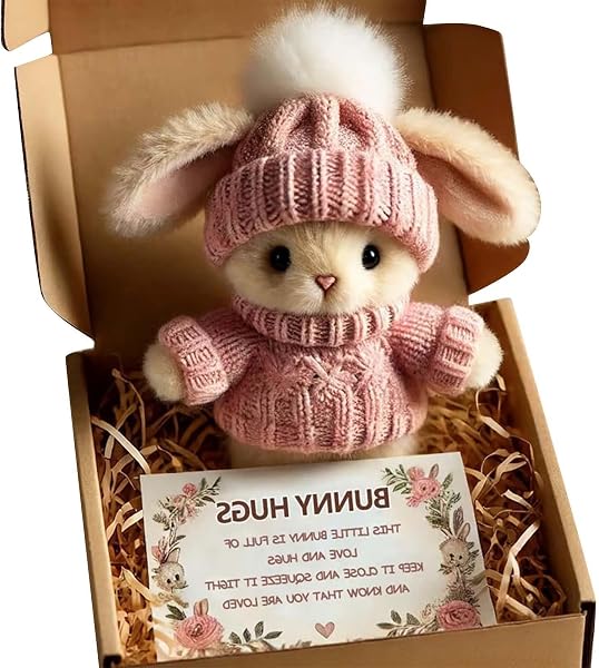 Mini Stofftier Häschen Mini Kuscheltier Hasens, Plüschhase Mit Strickmütze Und Bommel, Emotionaler Support Kuscheltier Mit Erhebender Karte Für Geburtstag Weihnachten Ostern Valentinstag (A) - 1