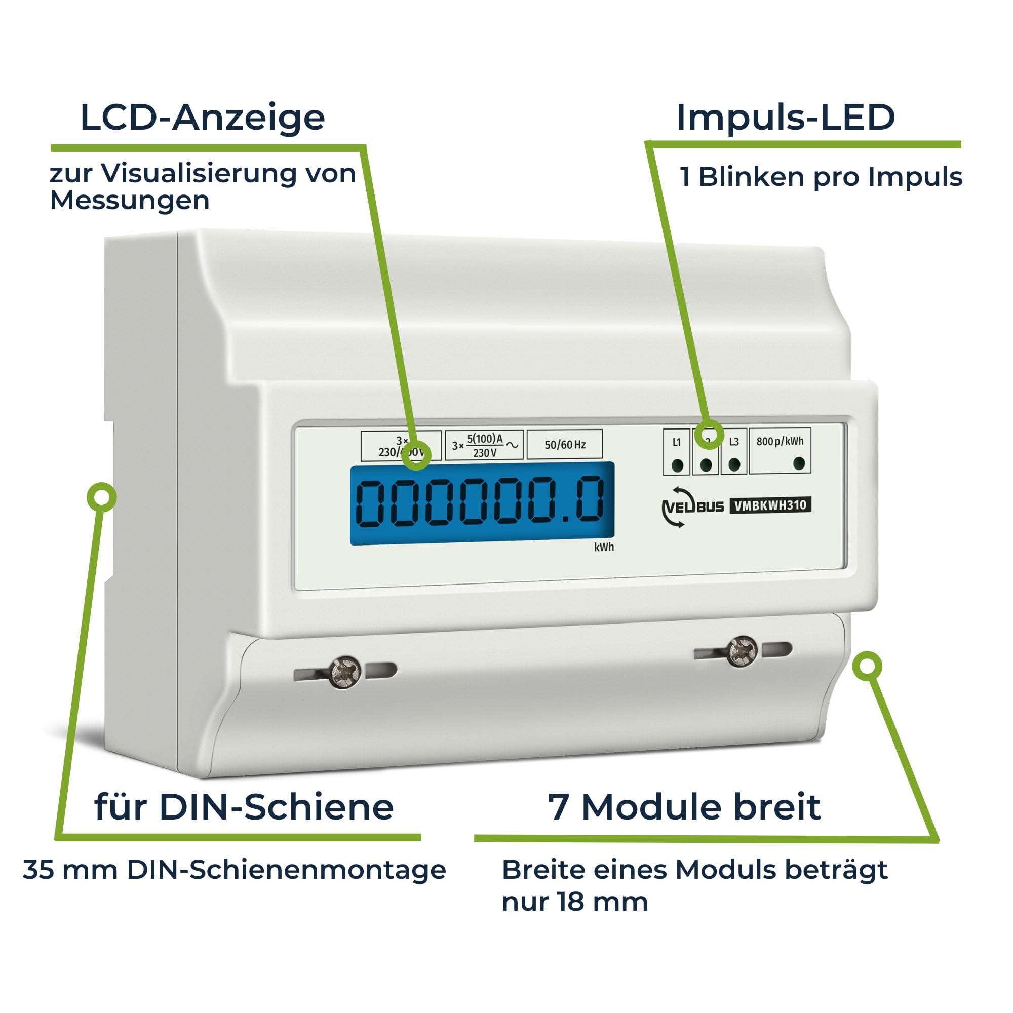 Velleman Stromzähler, einphasig, professionell, für Hutschienenmontage, LCD-Anzeige, LED, max. 100 A