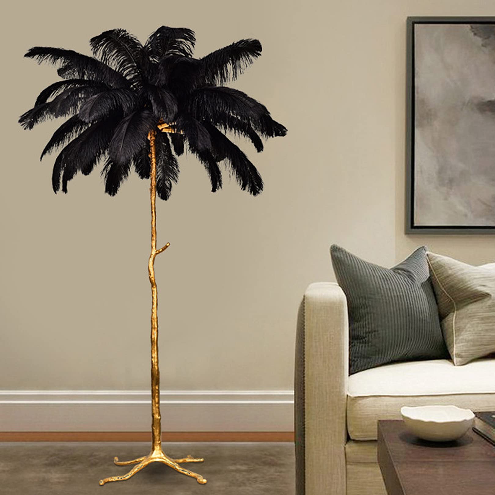 Luxury Real Ostrich Feather Lamp with 5 Led Light Sources for Living Room Bedroom and Office - 100% Resin Standing Decor Gift