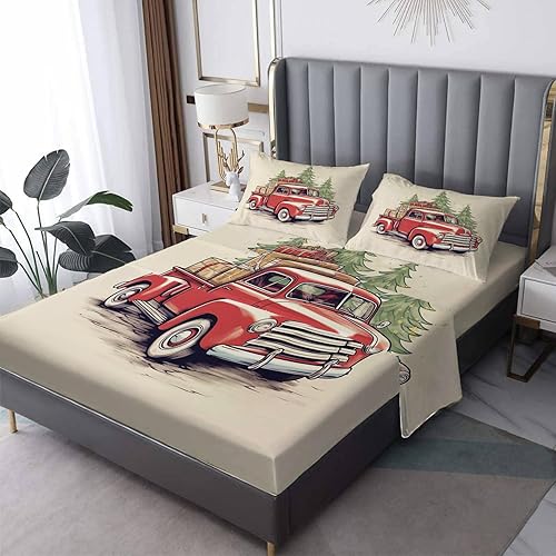 Red Truck - Juego de sábanas de Navidad tamaño Queen, sábanas de cama de Navidad, microfibra suave, bolsillo profundo, sábanas y fundas de almohada