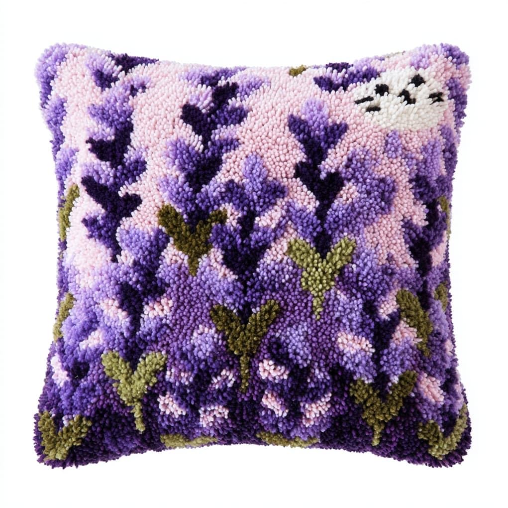 Henypt Latch Hook Cushion Kit 43x43cm,Lavender Flowers Beginner Friendly Needlecraft Set,Adult Craft Hobby kit,Easy Latch Hook for Home Decor,