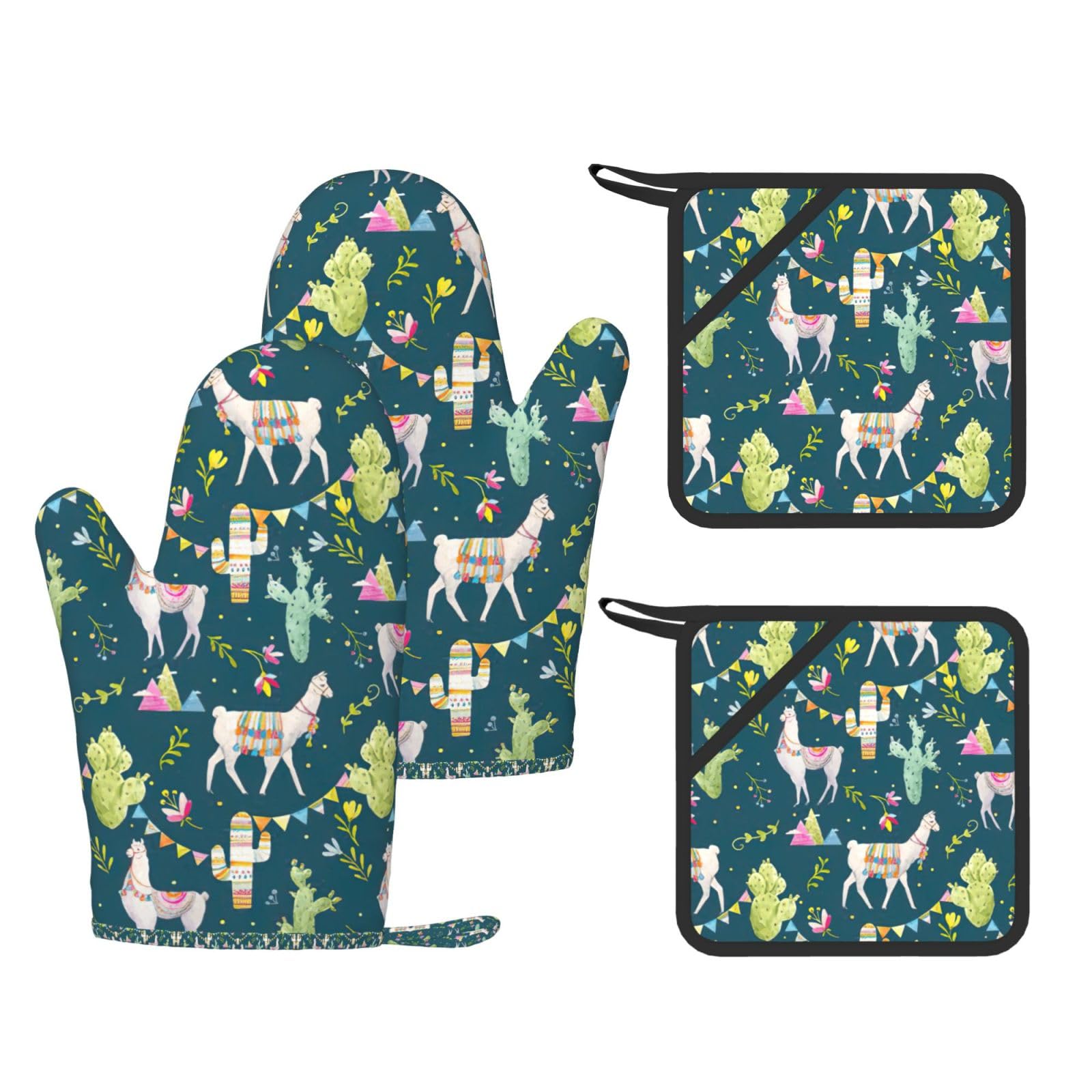 Llama animal alpaca tropical cactus Printed Oven Gloves and Hot Pads Set of 4, High Heat Resistant Silicone Mitts for Cooking BBQ
