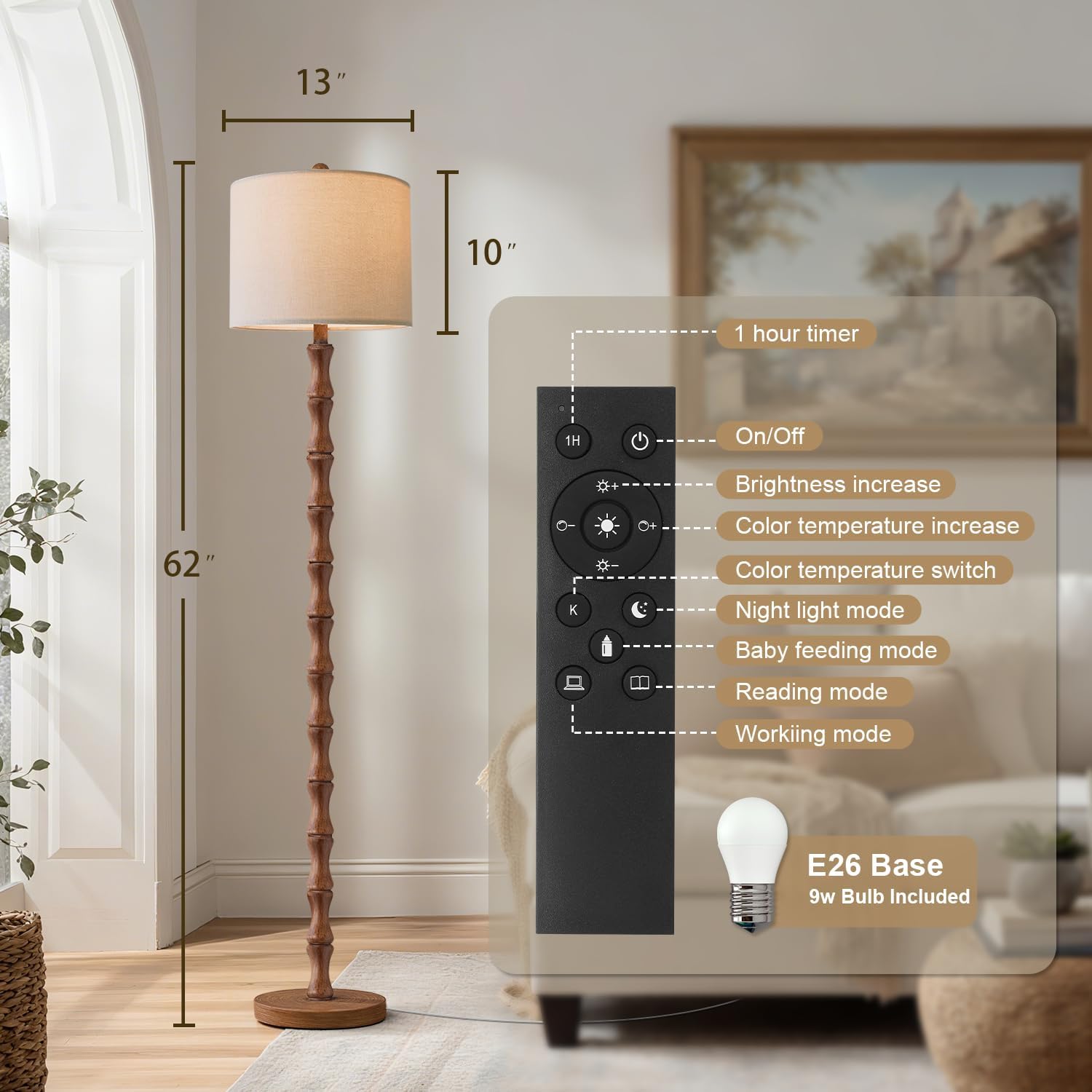 BOBOMOMO 62" Rustic Farmhouse Floor Lamp with Remote & Dimmable 9W Bulb, 3 Color Temperatures Tall Resin Standing Lamp, Retro Floor Lamp for Living Room, Bedroom, Office, Nursery, Reading Nock