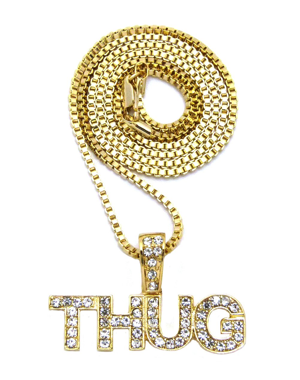 CBC Crown Stones Filled Hip Hop Words Thug/Thug Life Pendant in 24" Cuban or Rope Chain Necklaces in Gold Tone