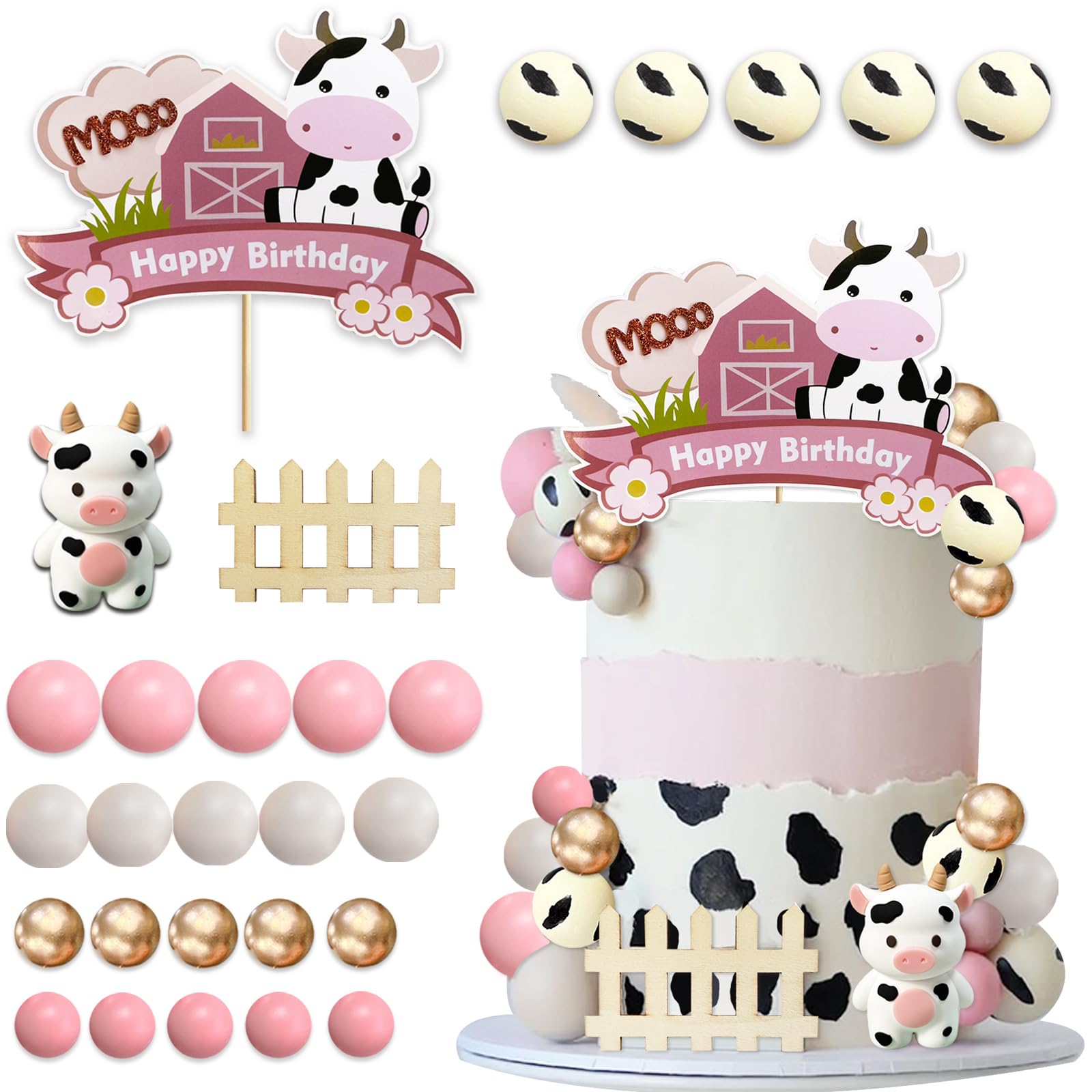 Tazuxetuqe 28Pcs Cow Cake Topper Farm Cow Cake Decorations with Cow Happy Birthday Cake Topper Miniature Cow Figurine Colorful Balls for Cow Theme Baby Shower Birthday Farm Animal Themed Party