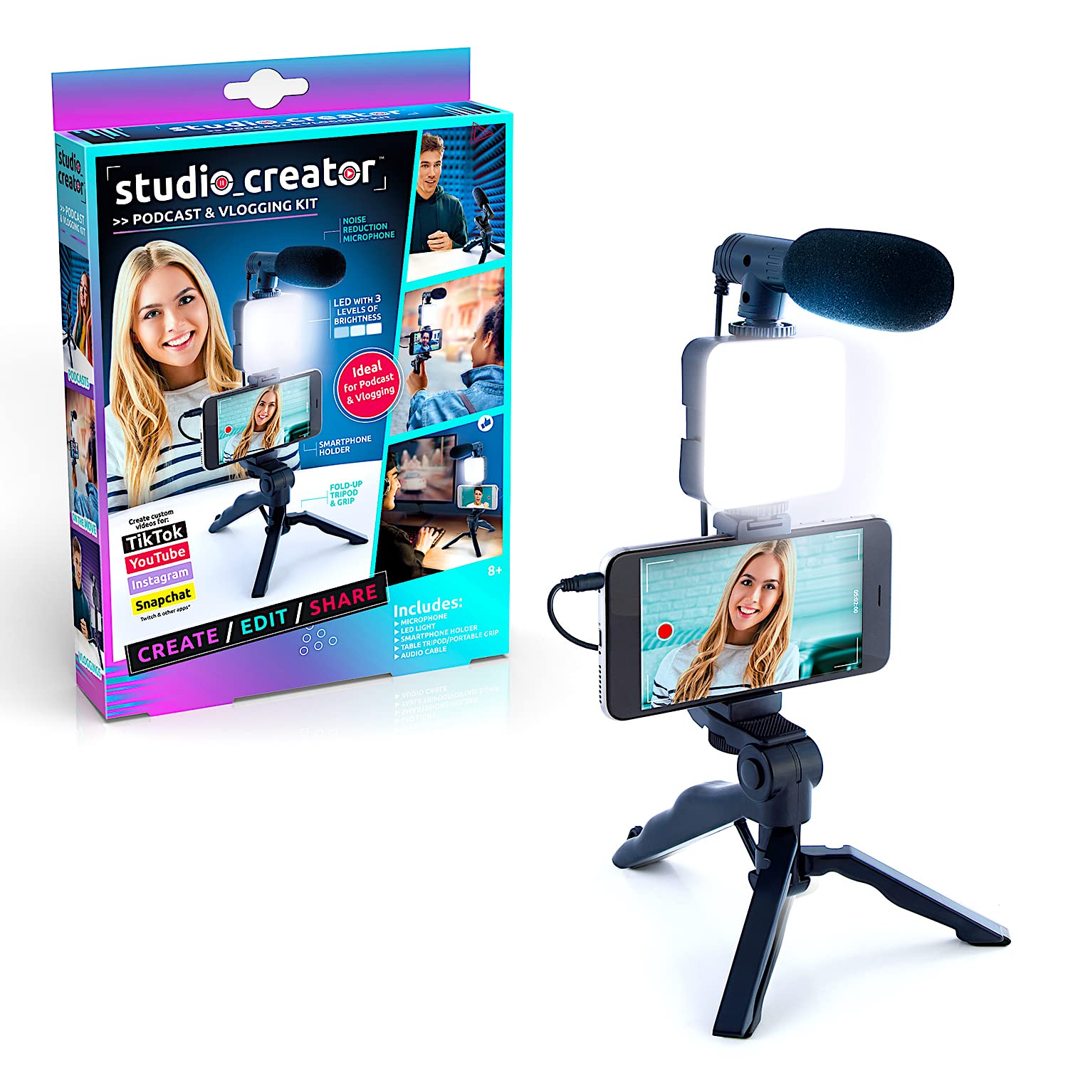 Studio Creator Podcast and Vlogging Kit, Phone Holder, LED Light, Microphone + Tripod, Create Content On The Go, Age 6+